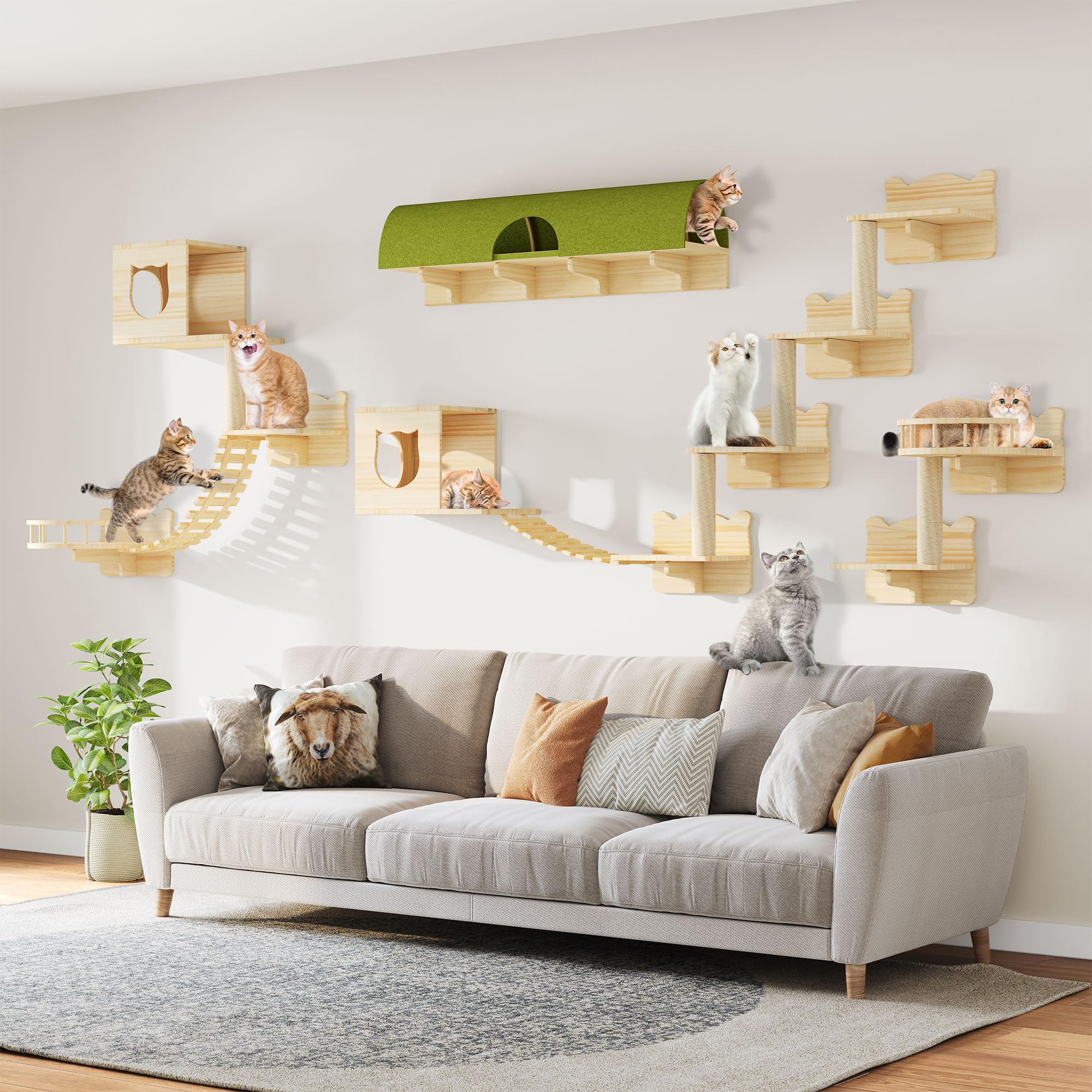 Homiflex Cat Shelves for Wall, 18-in-1 Solid Wood Wall Mounted Cat Wall Shelves with Tunnel, Scratching Post, Steps & Bridge Lad