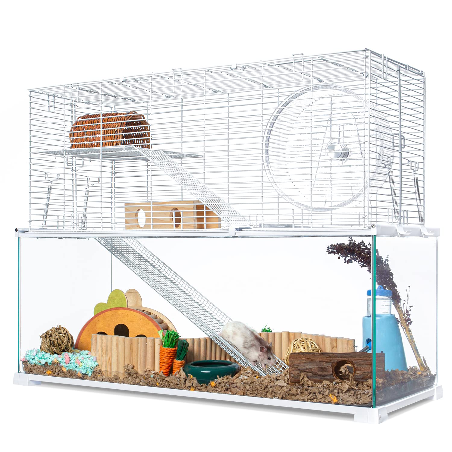 Oiibo 3 Tiers Large Hamster Cages, Glass Hamster Cage Habitat With Openable Wire Topper, Gerbil Cage With Two Ladders Ramps And 