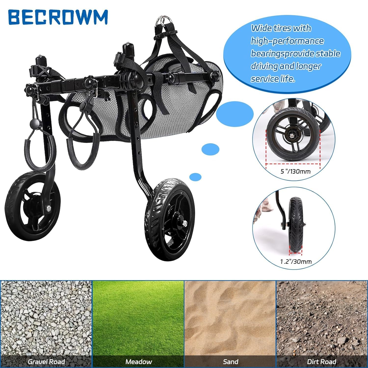 BECROWM Small Dog Wheelchair for Back Legs, Light Weight Dog&Cat&Pets Wheelchair Cart with Disabled Hind Legs Walking, Adjustabl