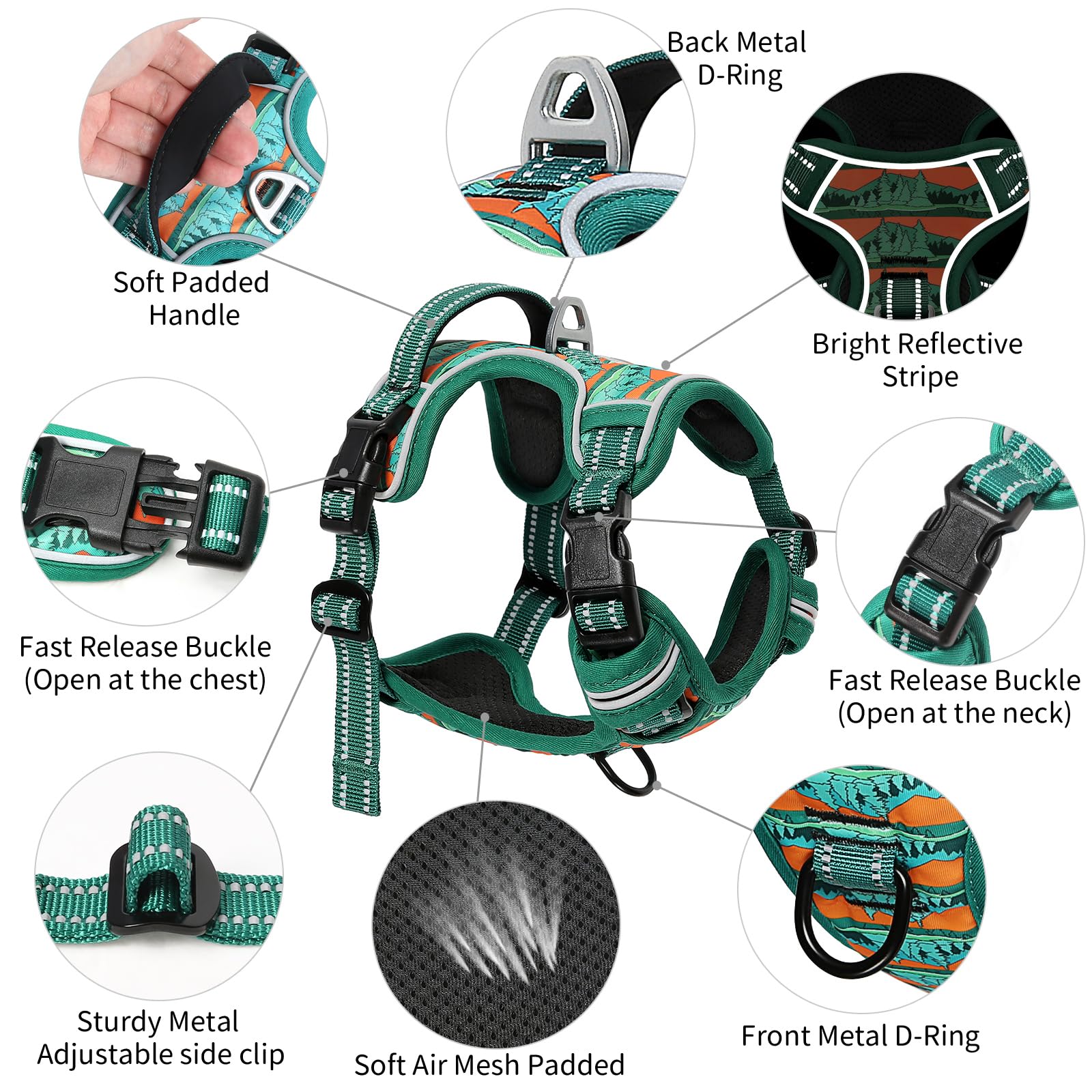 Timos No Pull Dog Harness,No Choke Front Clip Dog Reflective Harness,Adjustable Soft Padded Pet Vest With Easy Control Handle Fo