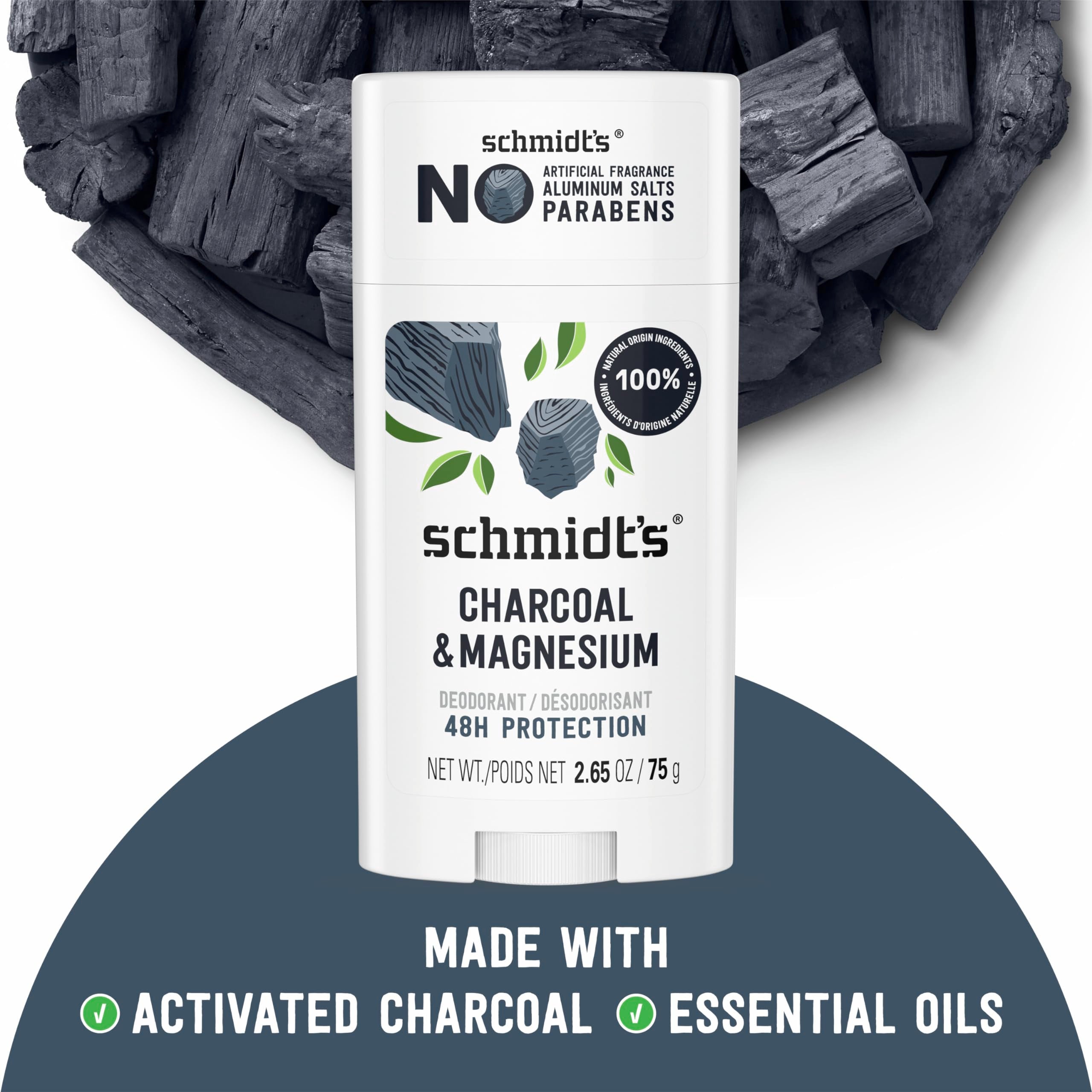 Schmidts Aluminum-Free Vegan Deodorant Charcoal & Magnesium with 48 Hour Odor Protection, for Women and Men, Natural Ingredient