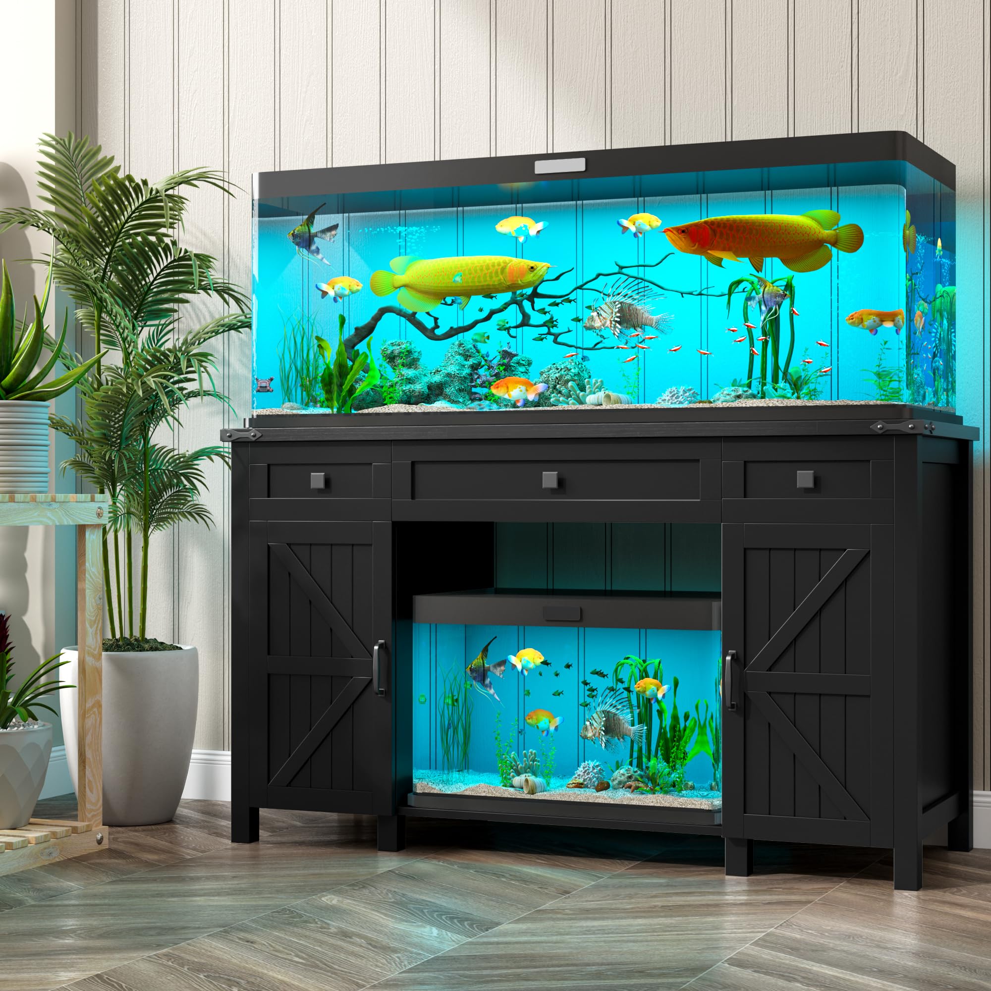 kepptory Aquarium Stand for 55-75 Gallon Tanks, Black, Heavy Duty with Power Outlet & Adjustable Shelves, Model 7889HY9