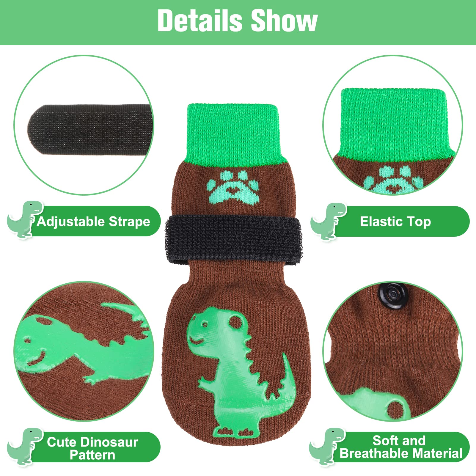 Beautyzoo Anti-Slip Dog Socks With Grips Traction Control For Small Medium Large Dogs, Non Skid Indoor Double Side Pet Paw Protector For Hardwood Floor Wear, Dinosaurs S/M