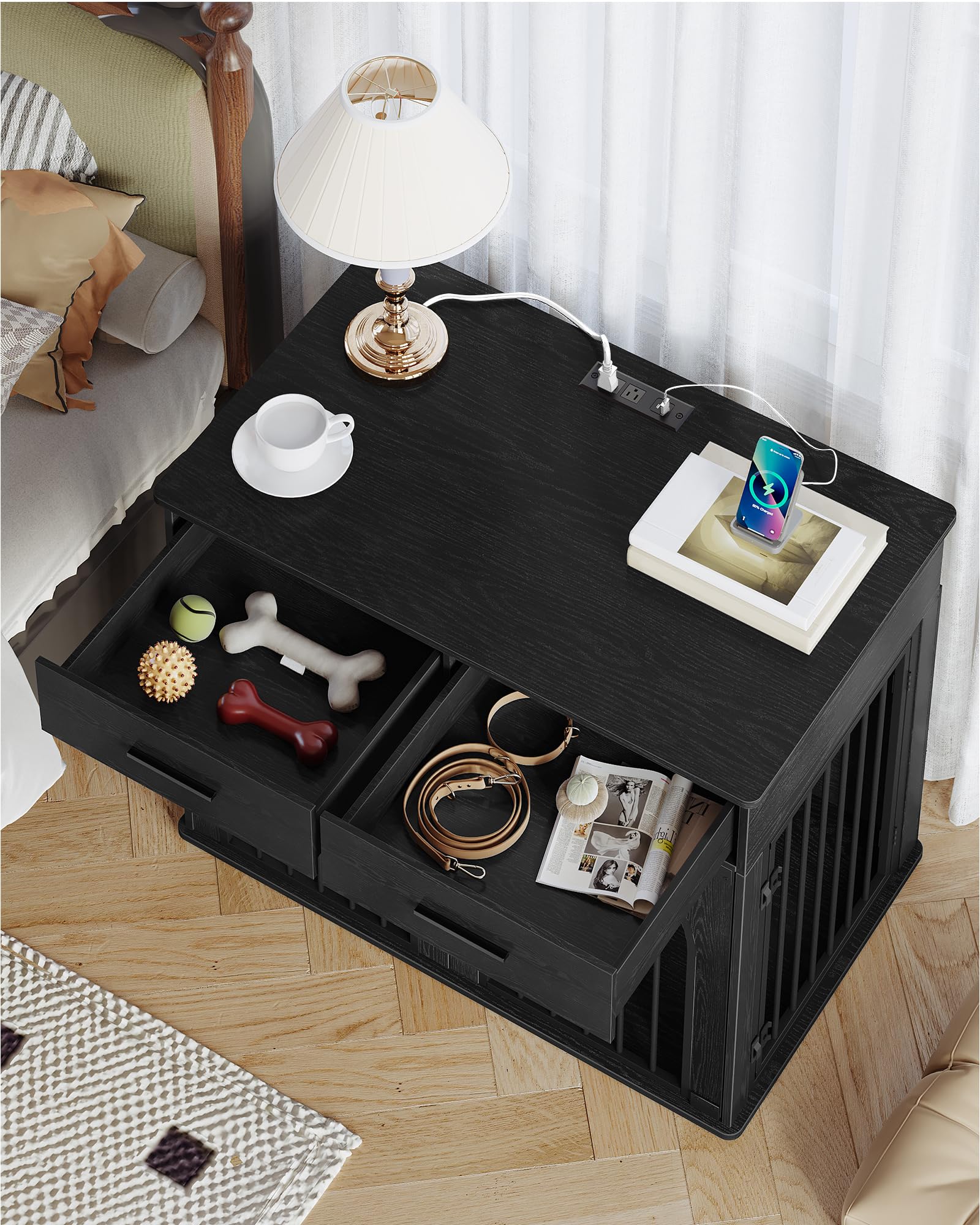 Hzuaneri 43.3 Large Dog Crate Furniture with 2 Storage Drawers, Heavy Duty Dog Kennel Indoor with Charging Station, Wooden Dog