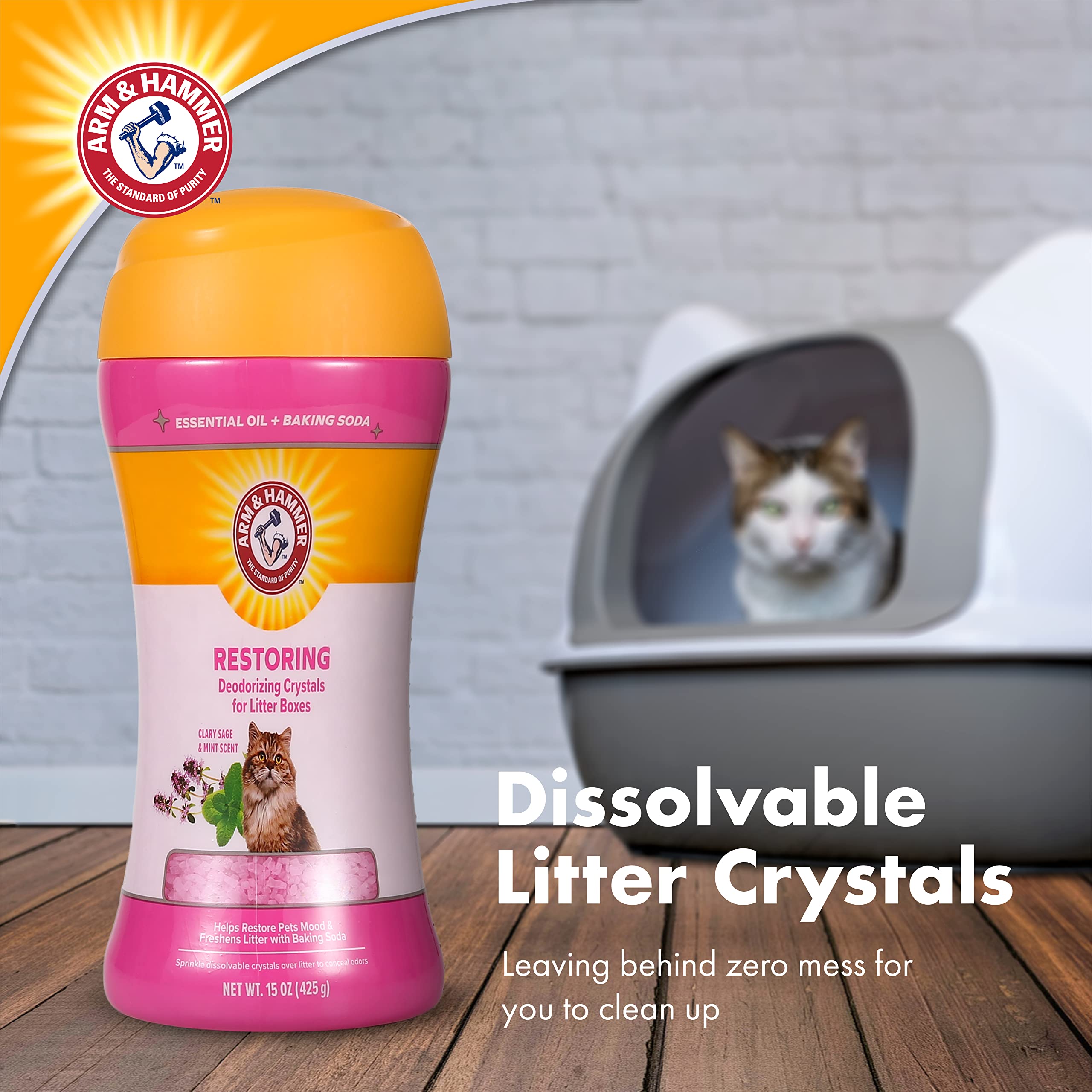 Arm & Hammer Deodorizing Cat Litter Crystals For Litter Boxes | Restoring Odor Neutralizing Eliminator In Clary Sage & Mint Scent | Box Odor Eliminator, 15 Oz