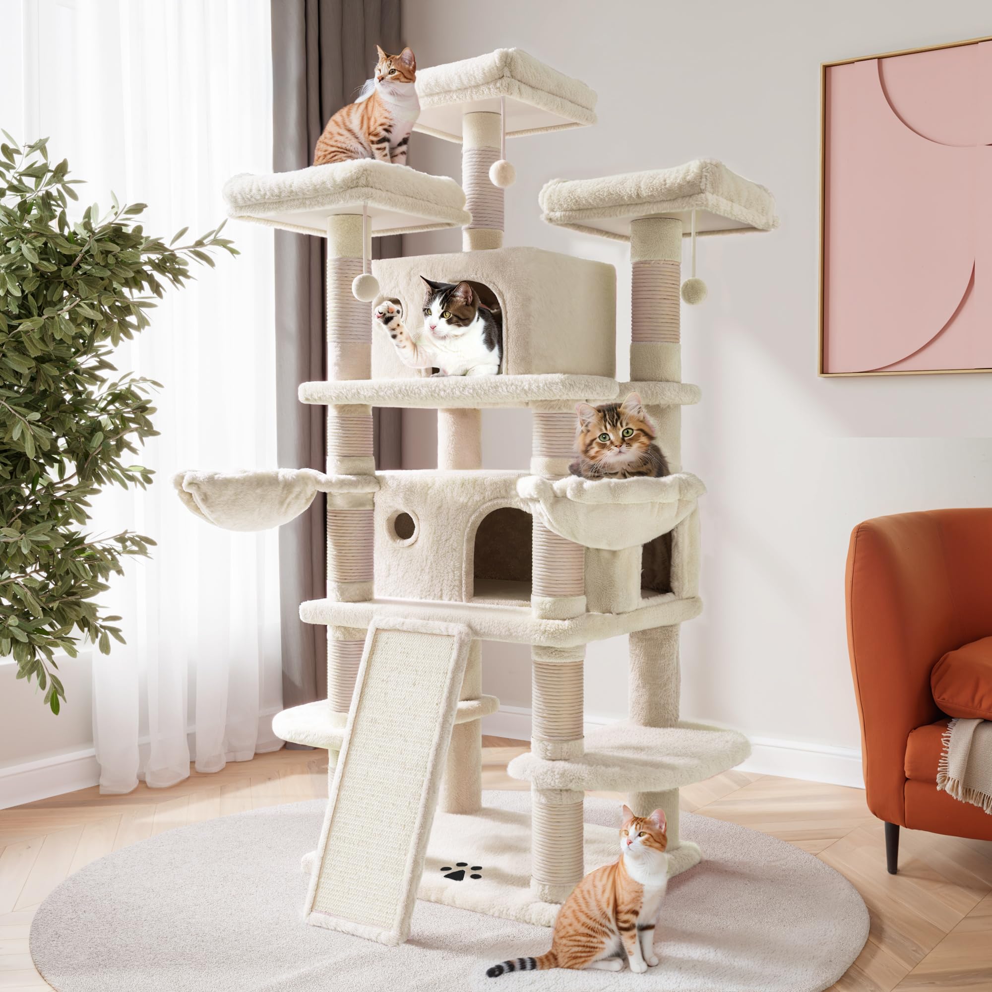 Sha Cerlin 68 Inches Multi-Level Large Cat Tree For Large Kitties/Big Cat Tower With Condo/Cozy Plush ‌Pussycat Perches/Sisal Scratching Posts And Hammocks/Activity Center/Beige
