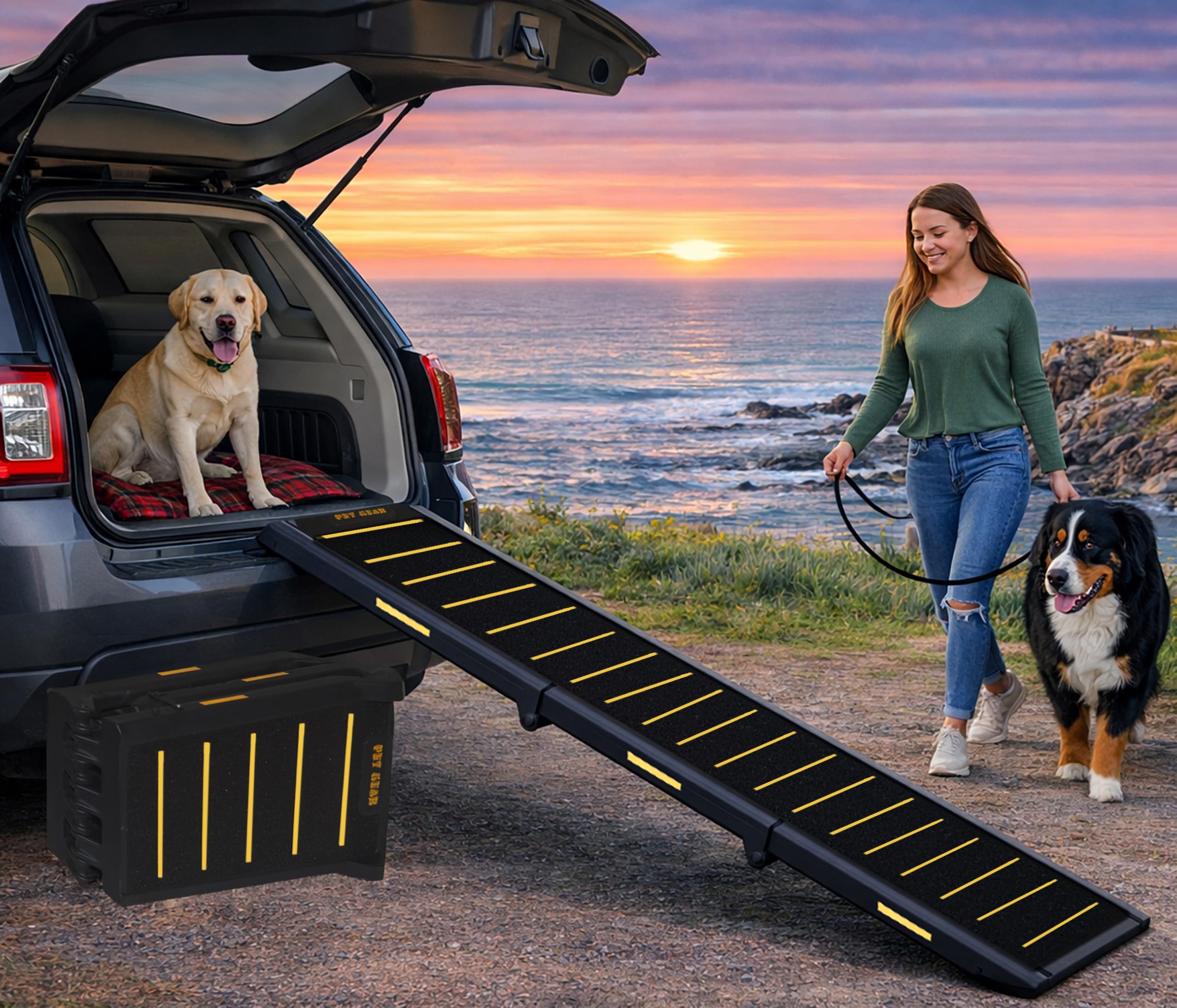 Pet Gear Travel Lite Ramps for Dogs and Cats, Compact Easy-Fold, Lightweight and Portable, Built-in Carry Handle, Supports 200lb
