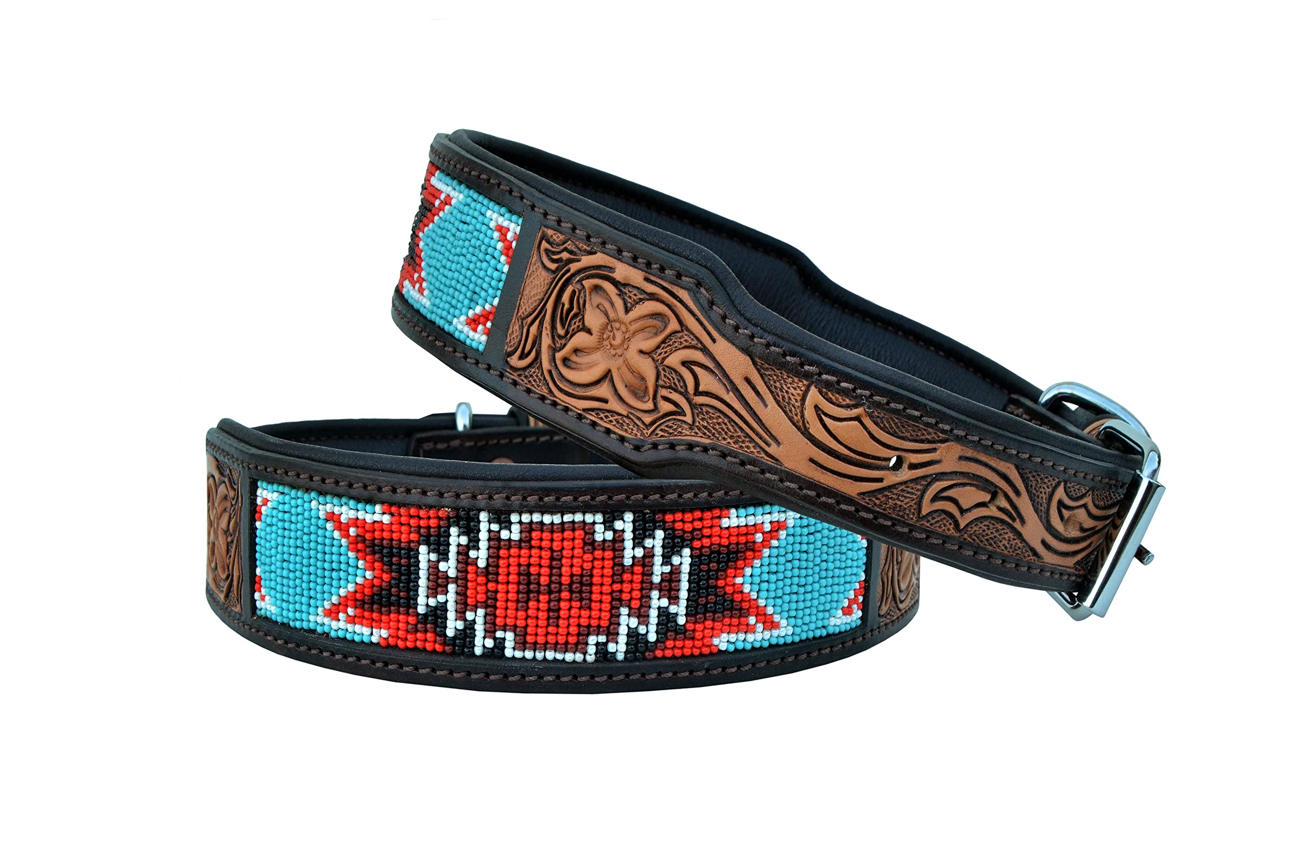 Affilare Genuine Leather Dog Collar Western Style Beaded Dog Collar Hand Tooled And Padded For Extra Comfort 10Ab008-Extra Small