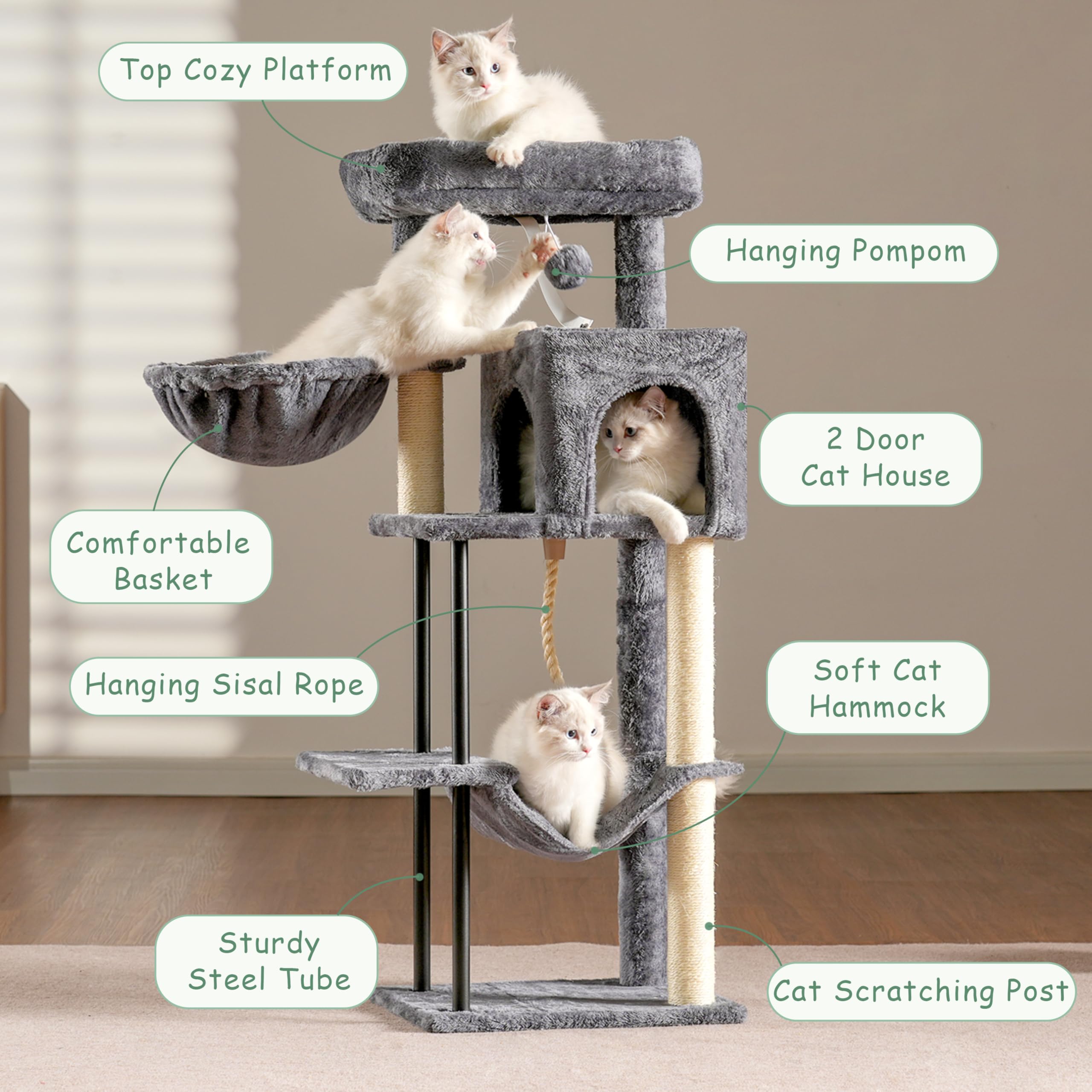 Gitelsnour Cat Tree, Cat Tower For Indoor Cats, 43.3 Inch Cat Tree Tower With Sturdy Steel Tube, Hammock, Cat Condo For Small Ca