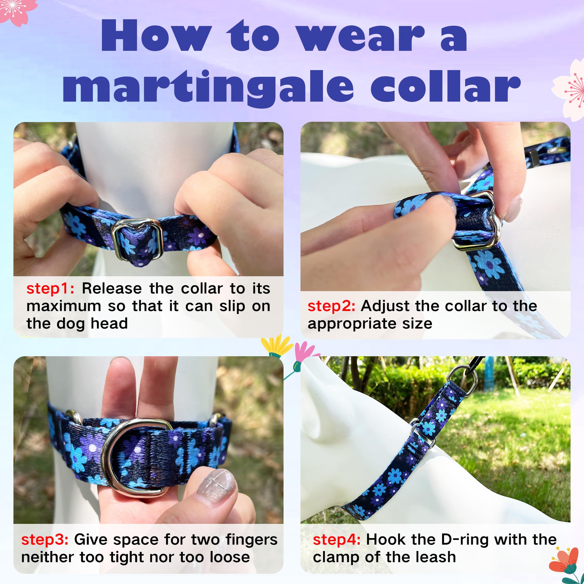Hikiko 1.5 Inch Martingale Collar With No Buckle Heavy Duty Floral Dog Collar For Medium Large Dogs,Navy Blue Flower