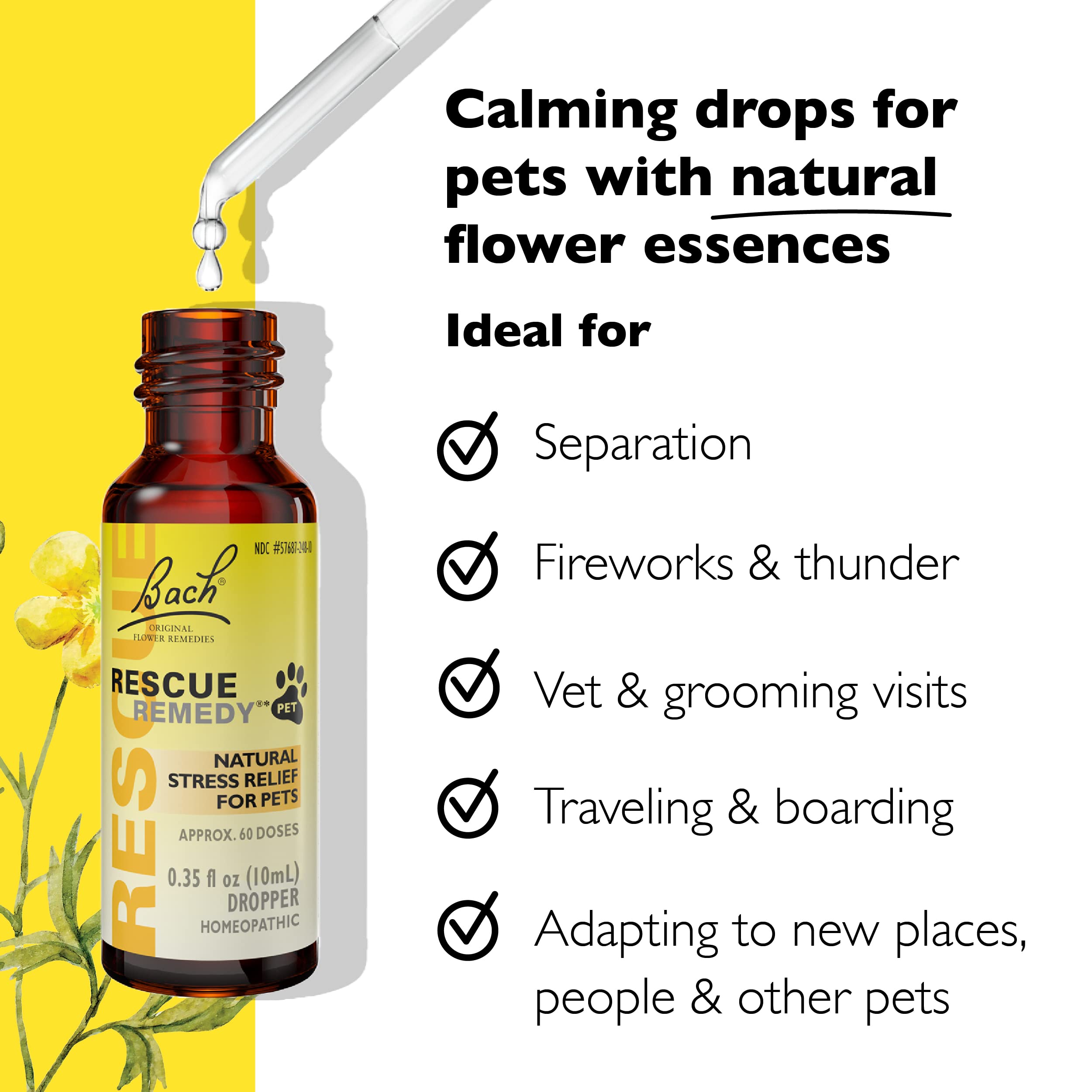 Rescue Remedy Pet Dropper - 10mL - Stress & Tension Support for Dogs & Cats with Bach Natural Flower Essences - Sedative-Free, H