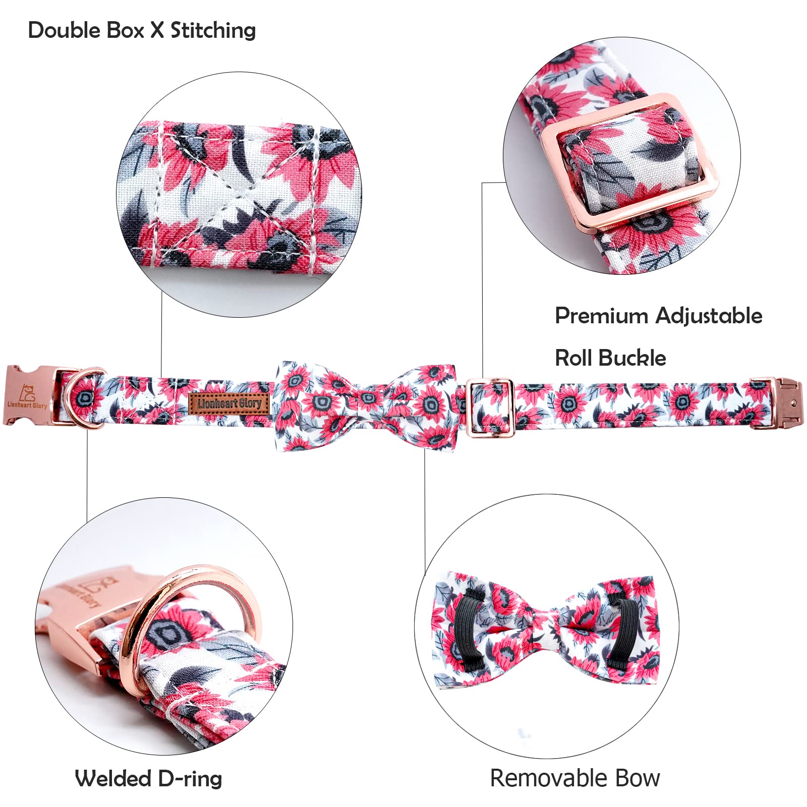 Lionheart glory Dog Collar with Bow Tie Pink Dog Collars for Female Dogs Soft Durable Adjustable Puppy Gift Collar Bows Spring C