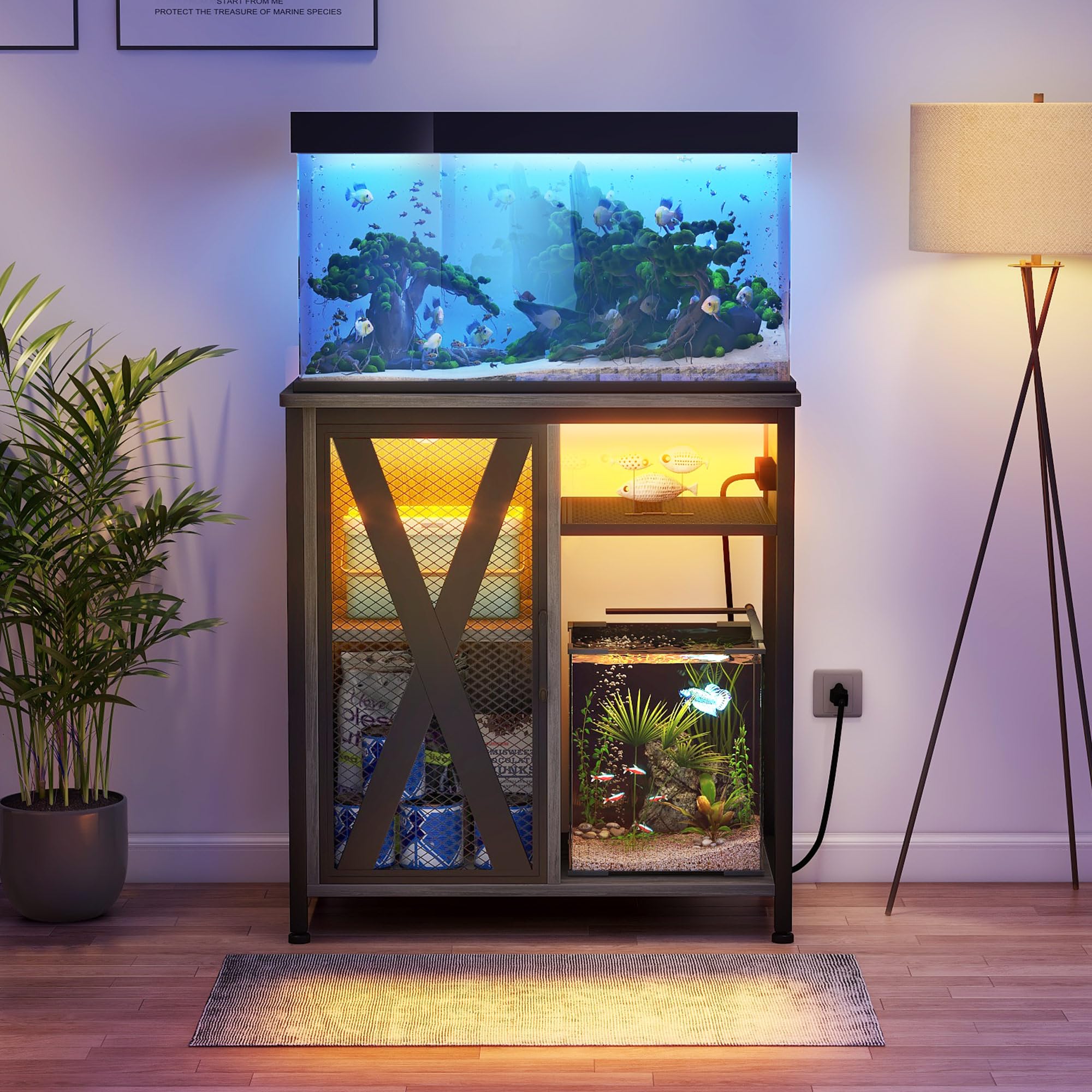 DWVO 20-29 Gallon Aquarium Stand with Power Outlets & LED Light, Cabinet for Fish Tank Accessories Storage - Metal Fish Tank Sta