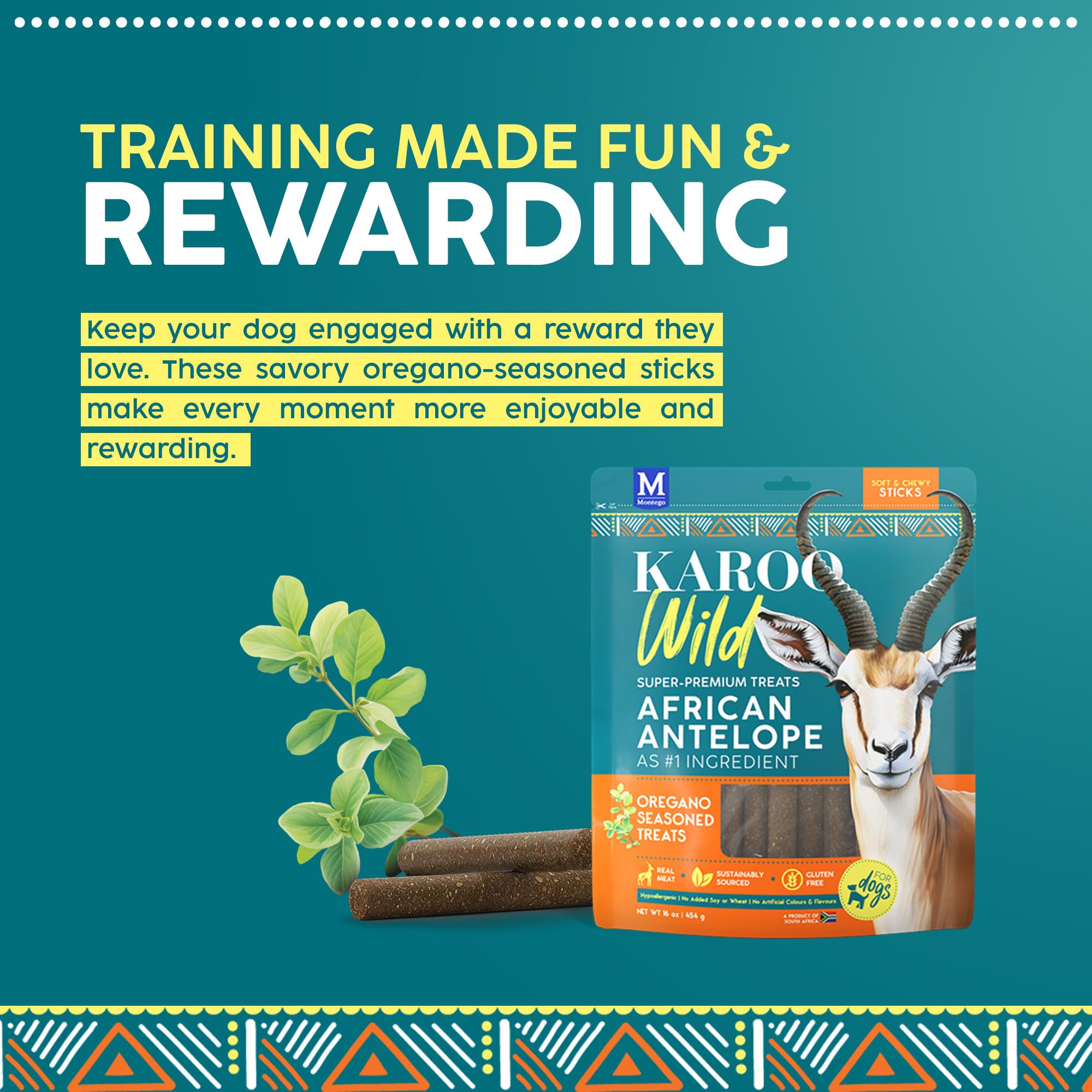 Karoo Wild Sticks Oregano Seasoned Treats for Dogs - 16 oz - Soft & Chewy Protein Sticks Made with African Antelope - Ideal for