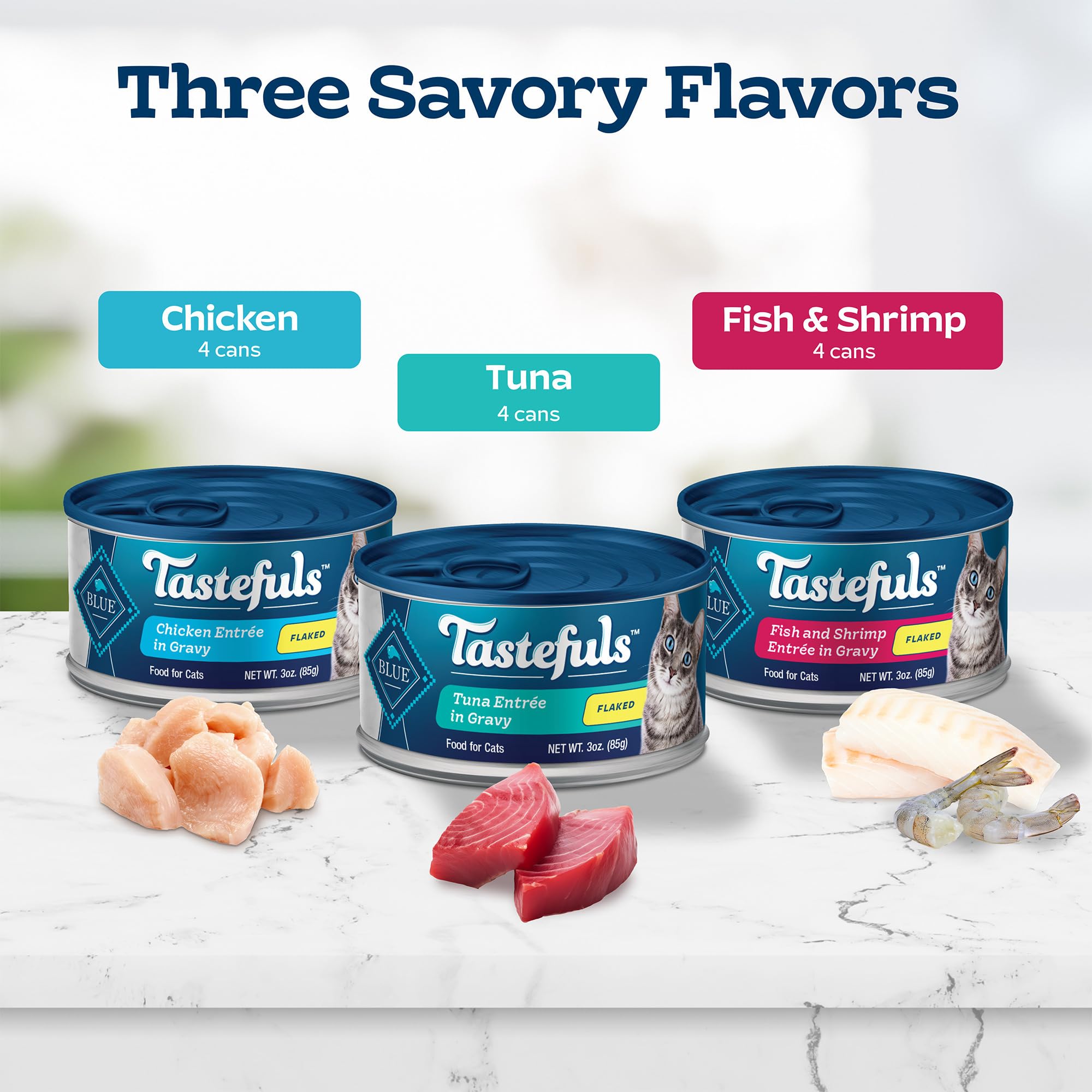 Blue Buffalo Tastefuls Flaked Wet Cat Food Variety Pack, Made with Natural Ingredients, Tuna, Chicken, Fish & Shrimp, 3-oz Cans