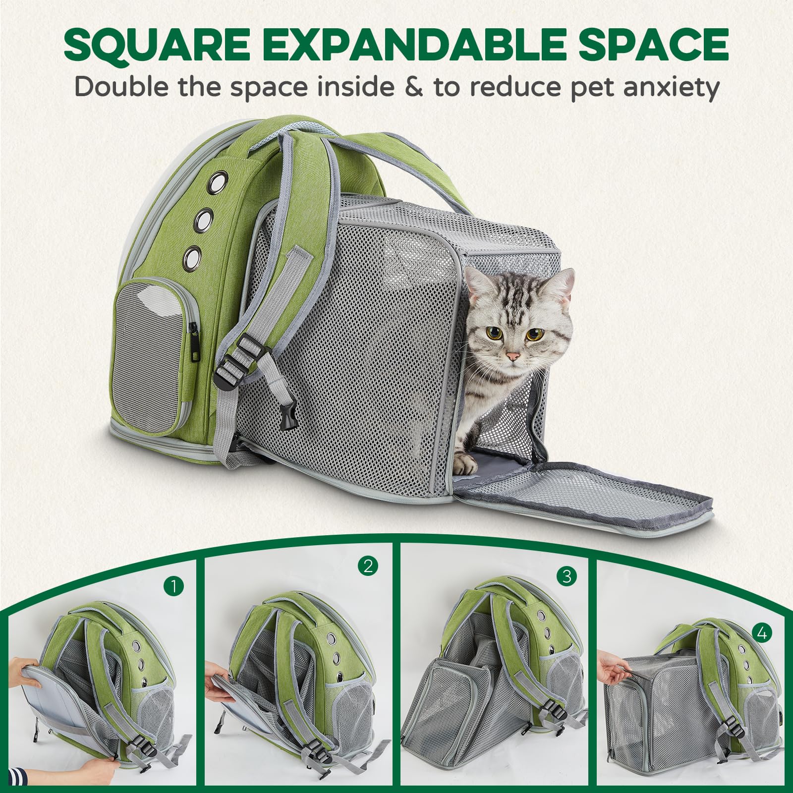 Evermow Cat Backpack Carrier, Bubble Expandable Cat Carrier For Cats Or Small Dogs Up To 15Lbs, Airline-Approved, Large Space &