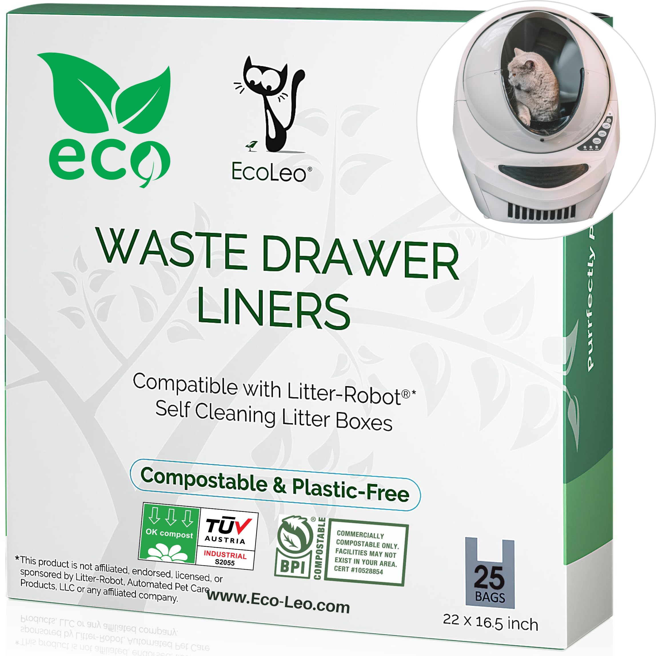 Ecoleo, Compatible With Litter-Robot 3, Plant-Derived And Plastic-Free, Handle Waste Drawer Liner Bags, Thick, For Automatic Lit