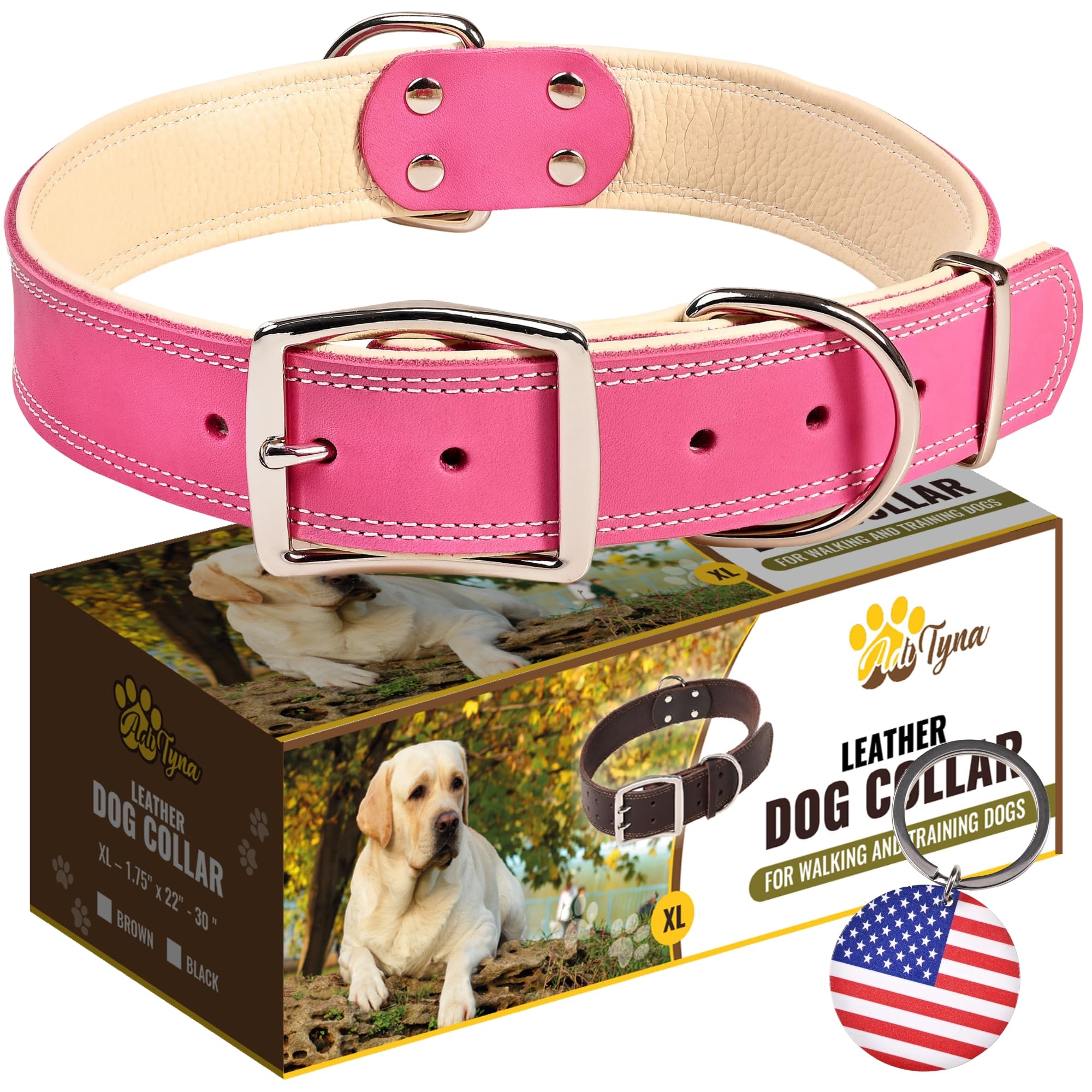 Adityna Heavy Duty Real Leather Dog Collar For Extra Large Dogs - Pink Xl Collar - Soft And Strong Thick Dog Collar With Double Metal Buckle