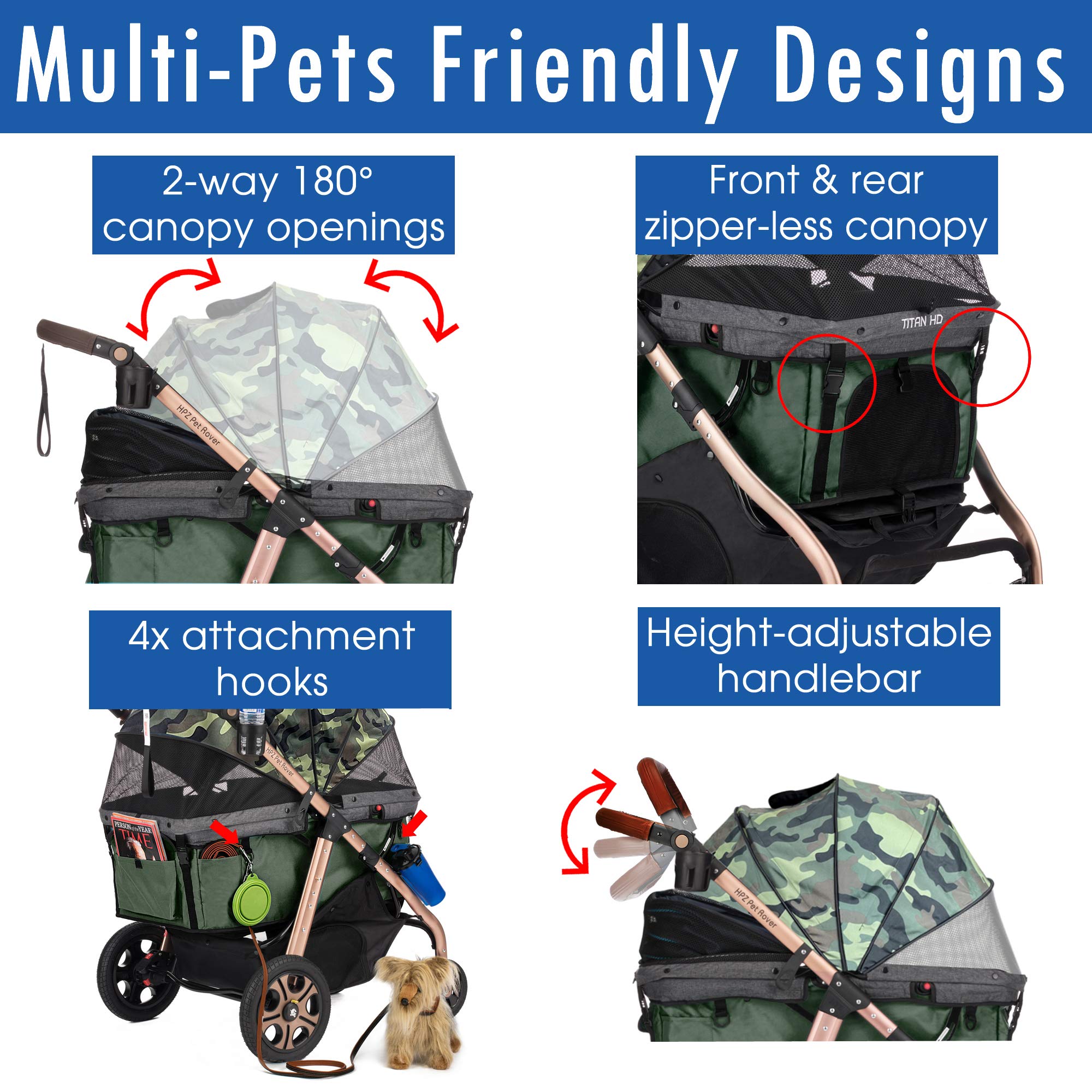 Hpz Pet Rover Titan-Hd Premium Super-Sized Dog/Cat/Pet Stroller Suv Travel Carriage/W Access Ramp/100Lbs Capacity/Pumpless Rubber Wheels/Aluminum Frame For Small, Med, Large, Xl Pets (Green Camo)