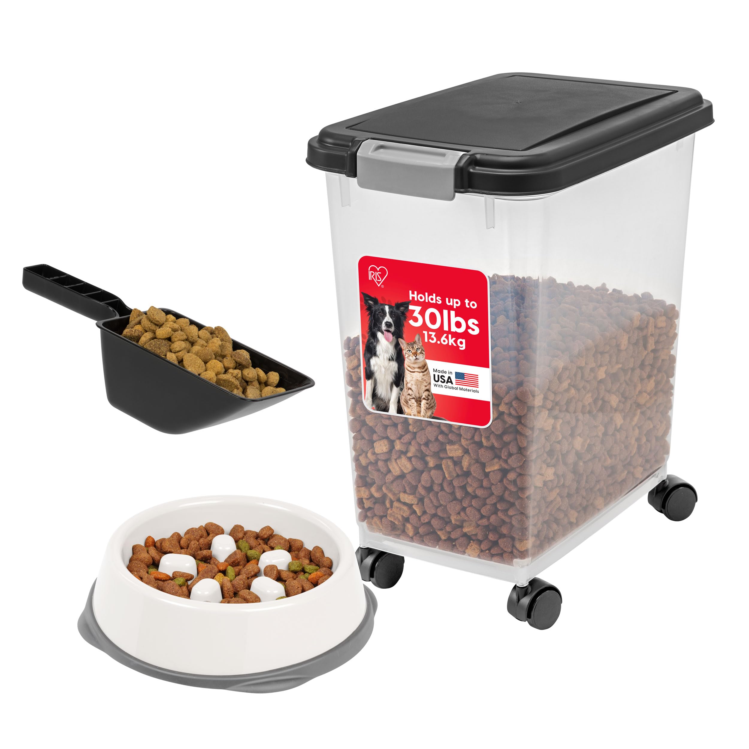 IRIS USA Airtight Dog Food Storage Container with 2-Cup Scoop and Slow Feeder Bowl Combo, Up to 30 lbs Pet Food Bin with Attacha