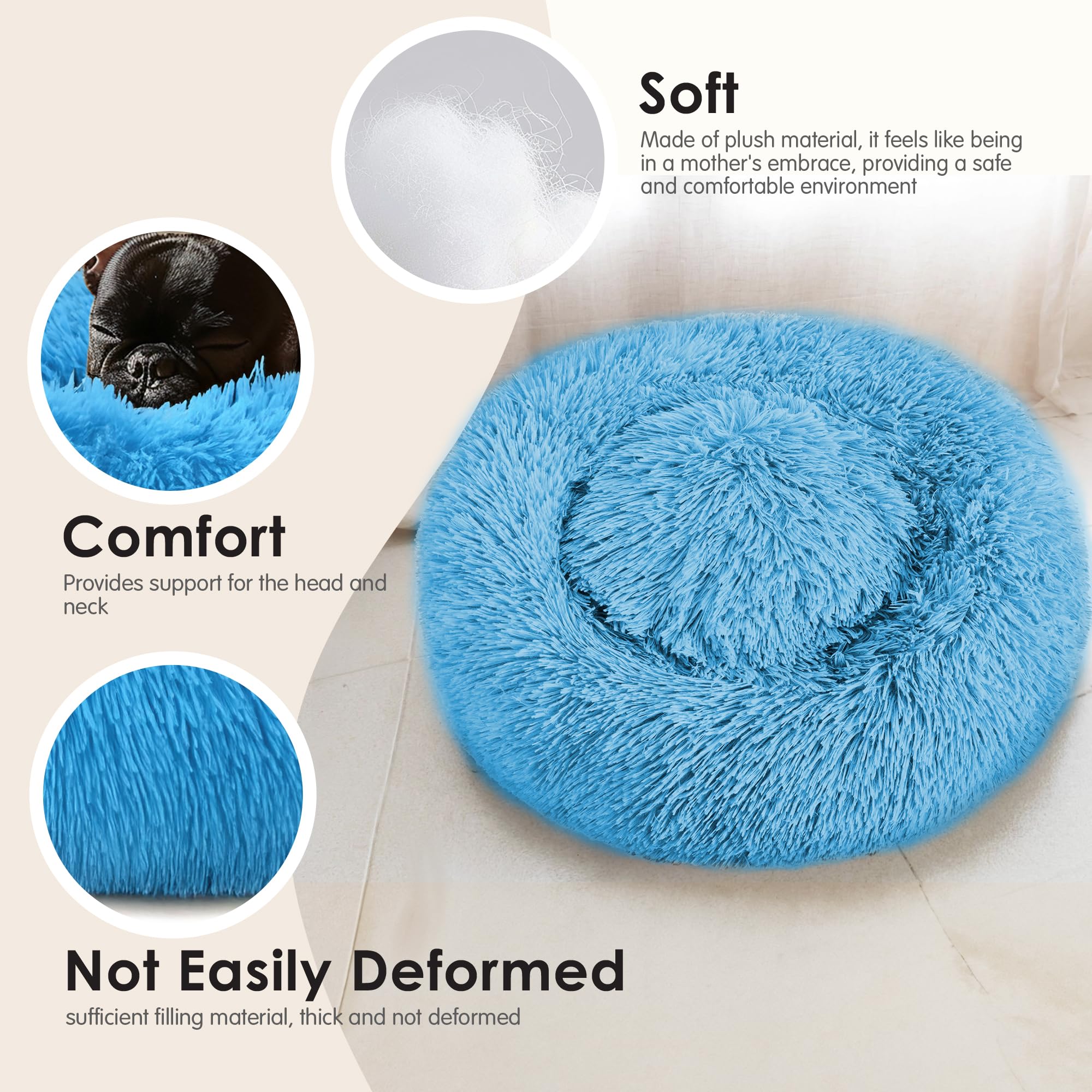28in Large Dog Bed, Medium Size Dog and Cats, Calming Donut Bed for Puppy and Kitten, Washable Round Fluffy Pet Bed (Light Blue)