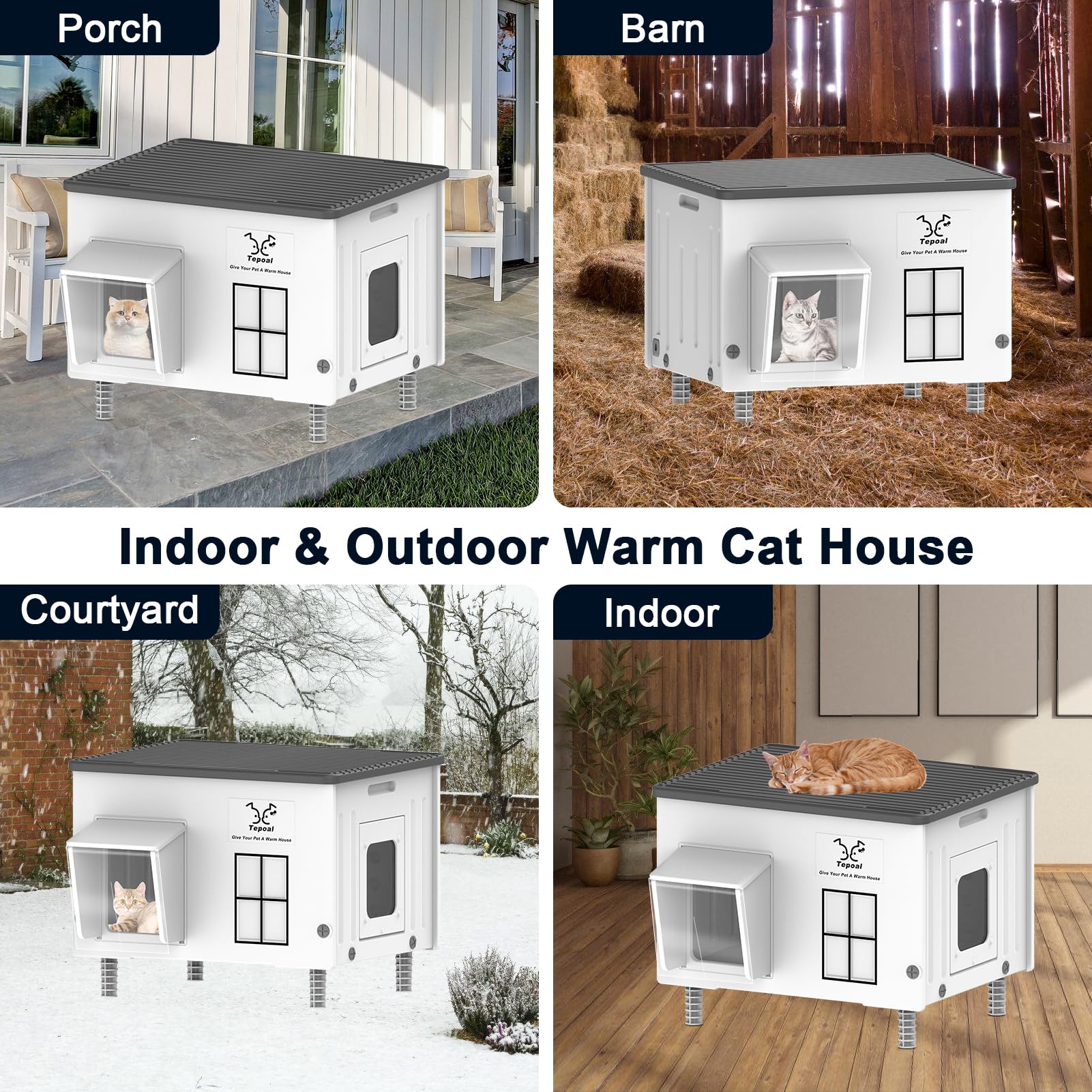 Dahivs Indestructible Heated Cat House for Outside Winter, Heated Outdoor Cat House Weatherproof with Escape Door, Waterproof &