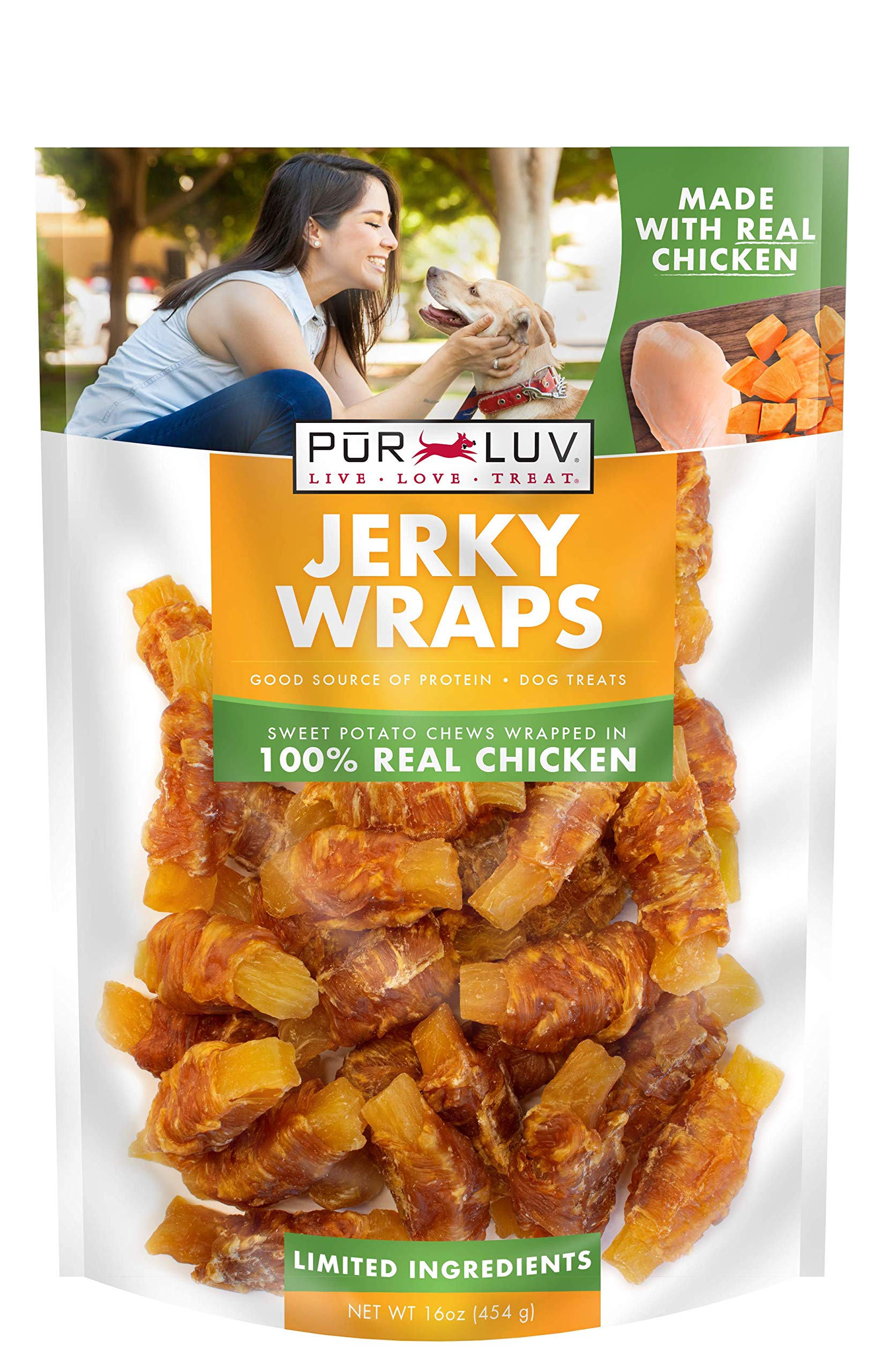 Pur Luv Chicken Wrapped Sweet Potato Dog Treats, Rawhide Free Jerky Wraps, Made with Real Chicken, 16 Oz, Healthy, Easily Digest