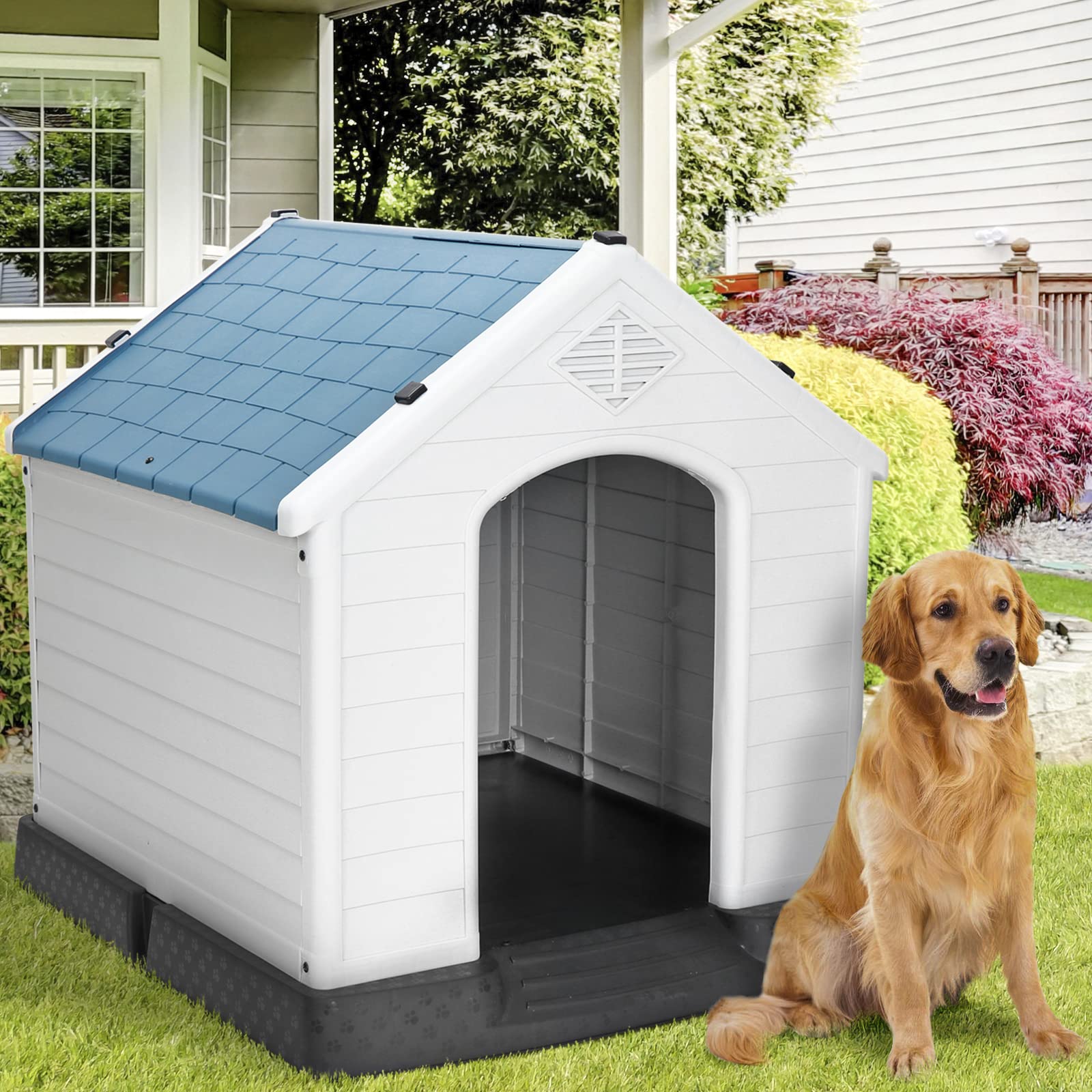 Large Plastic Dog House Indoor Outdoor Doghouse Dog Kennel Easy To Assemble Puppy Shelter W/Air Vents Elevated Floor Waterproof