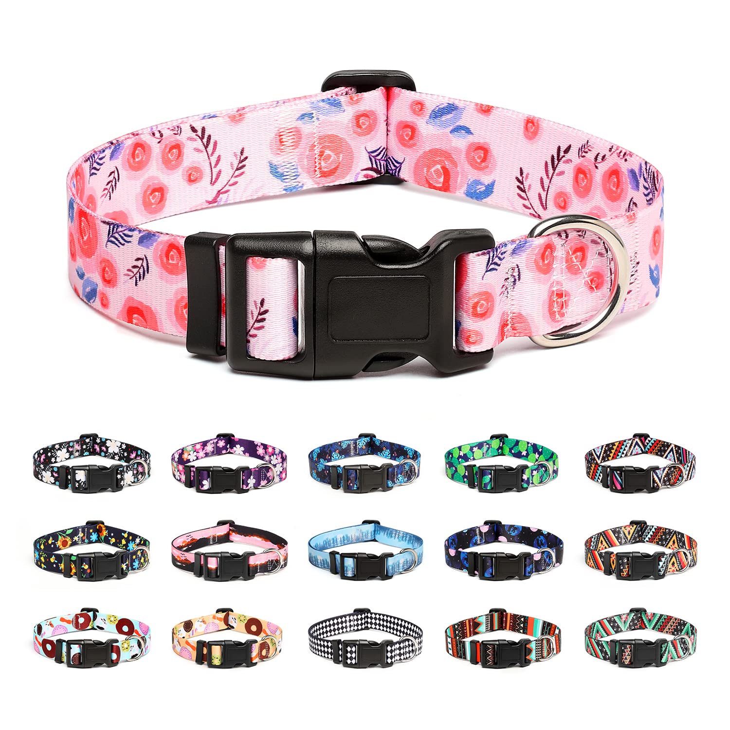 Mercano Adjustable Dog Collar - Special Design Patterns, Soft Nylon Comfortable Durable Pet Collar For Small Medium Large Dogs (S, Rose)