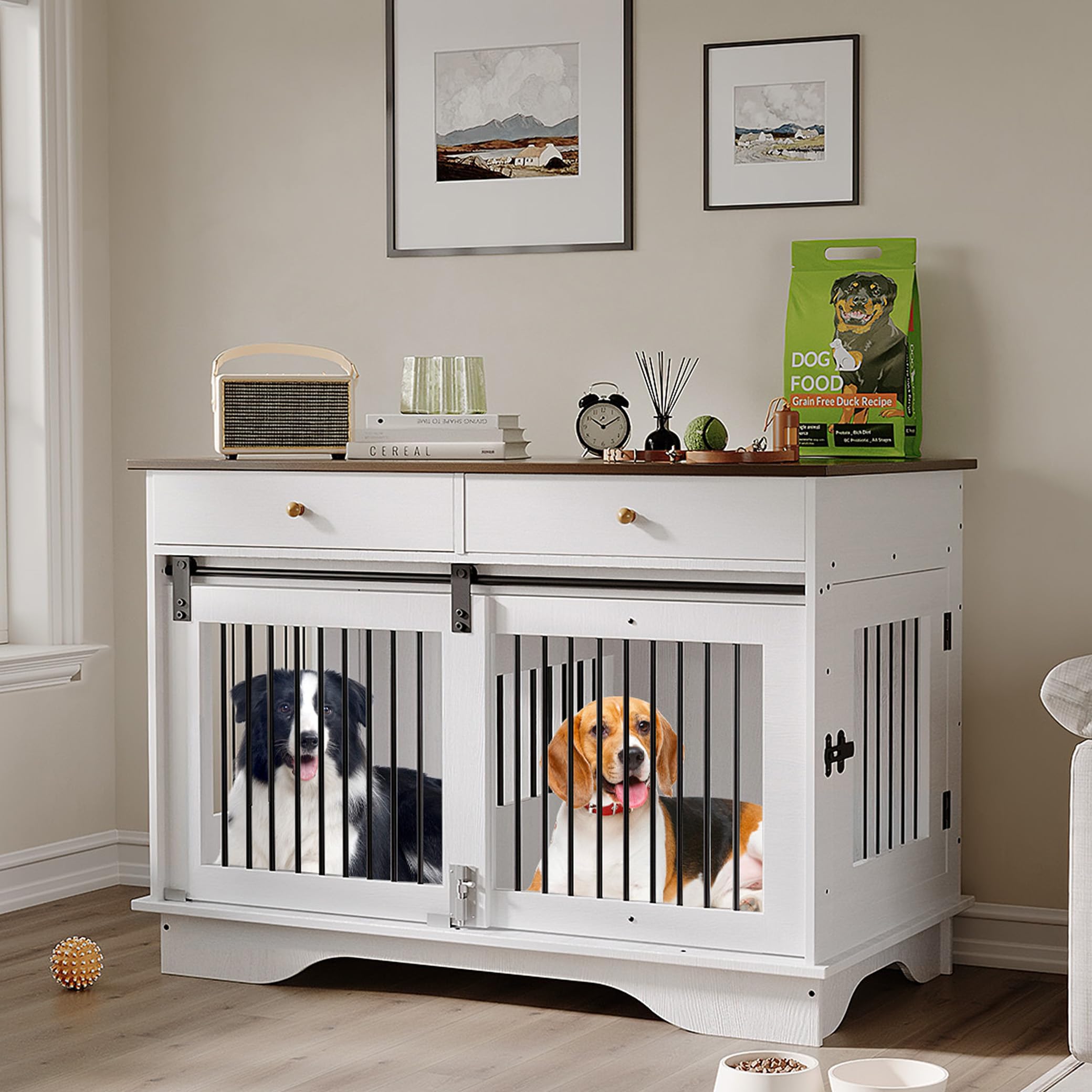 47 Dog Furniture Crate, Large Furniture Style Dog Crate w/ 2 Storage Draws & Removable Divider & Triple Door Design for Large/Me