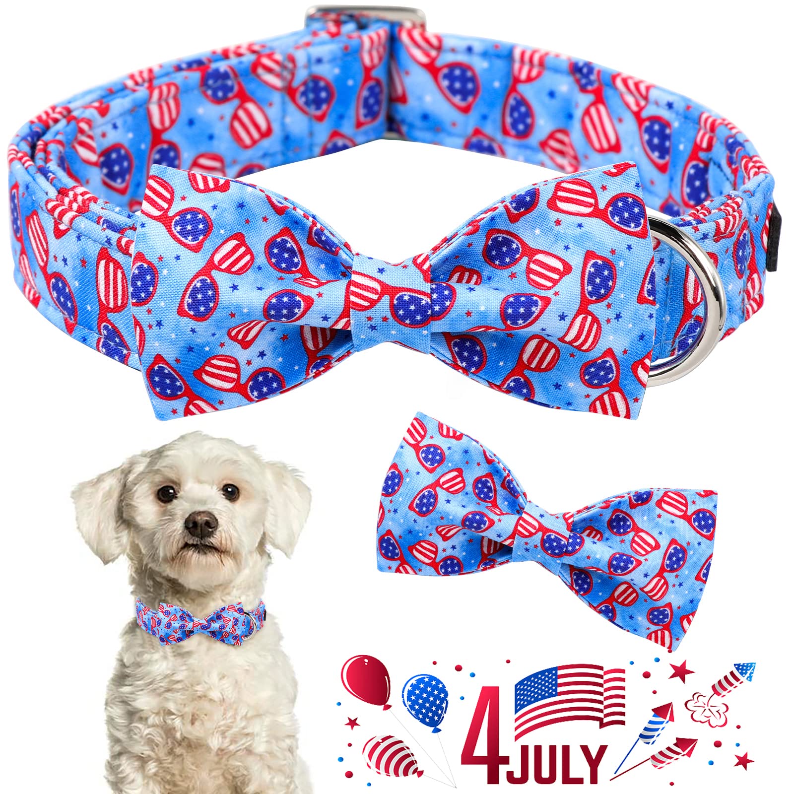 ARING PET American Flag Dog Collar-Cute Summer Patriotic Dog Collar with Bow, Adjustable 4th of July Dog Collars Gifts with Meta