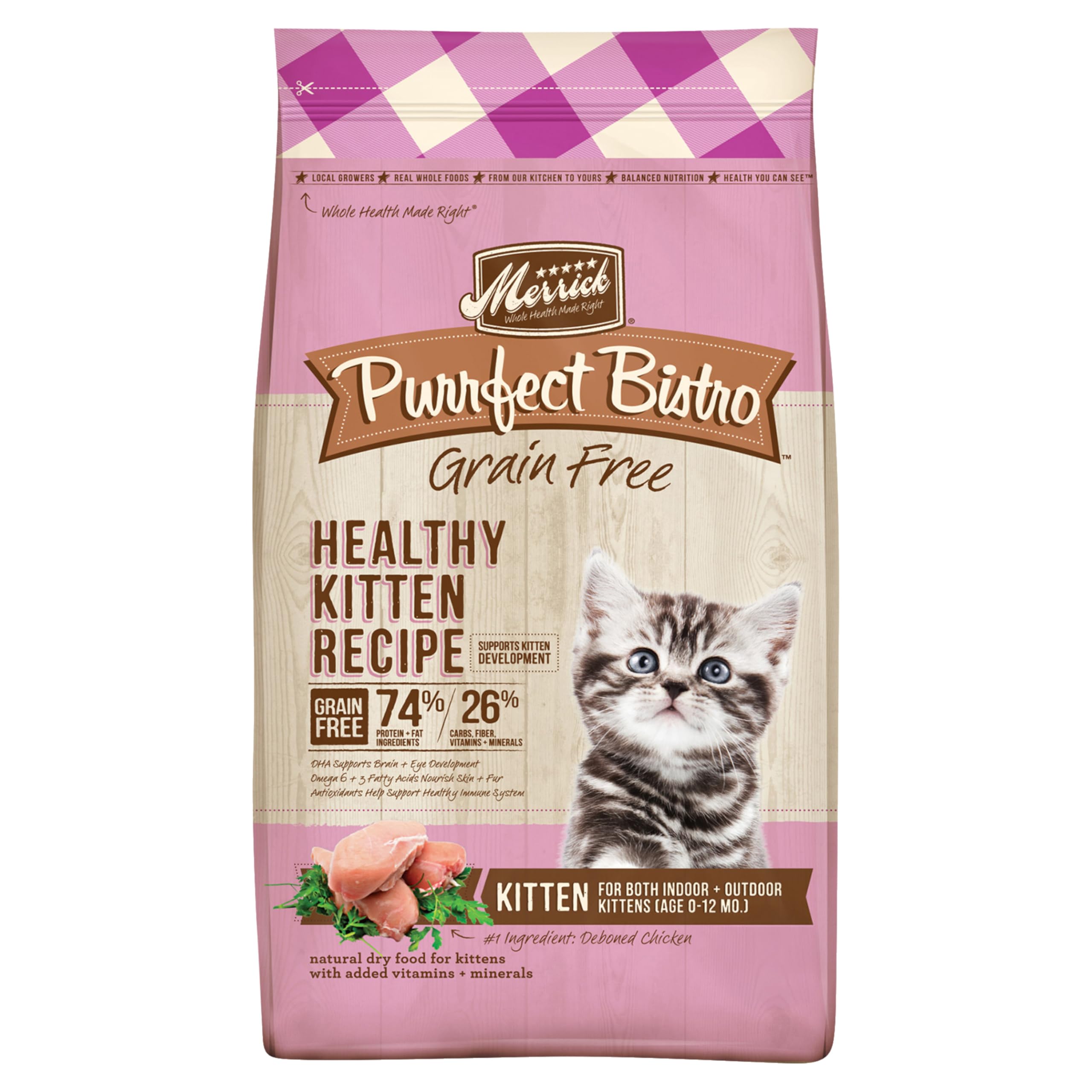 Merrick Purrfect Bistro Premium Grain Free Natural Dry Cat Food For Young Cats, Healthy Kitten Food Recipe - 4 lb. Bag