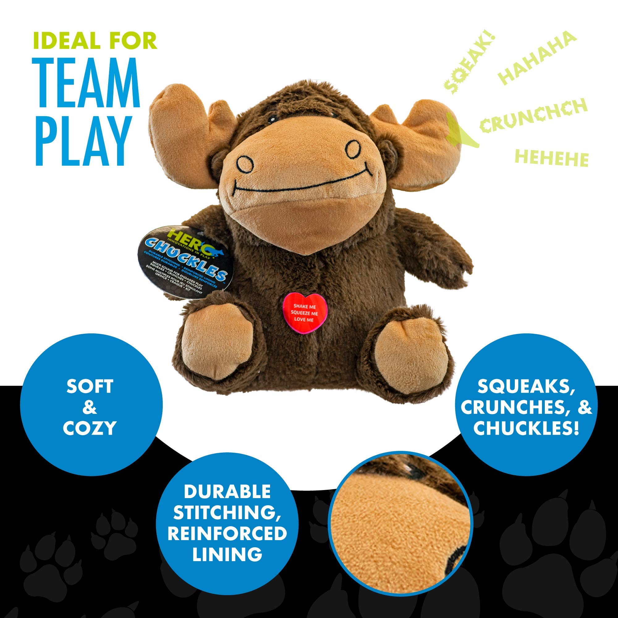 Hero Chuckles Moose, Plush Squeaky Dog Toy, Durable Stuffed Animal With 3 In 1 Squeaker
