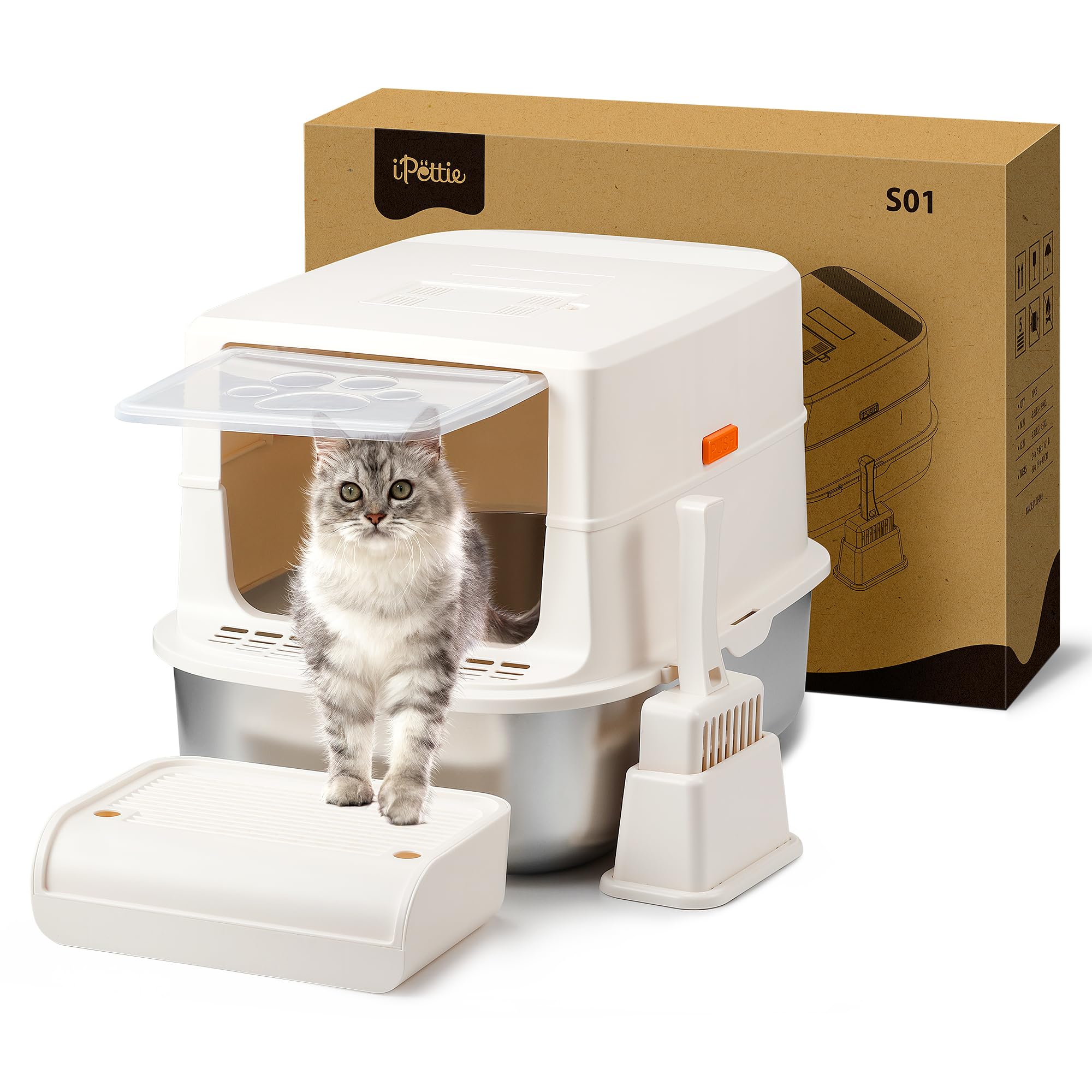 Ipettie S01 20L Large Stainless Steel Litter Box, Odor-Reducing Smell Proof Charcoal Filter, Enclosed With Cat Litter Scooper, E