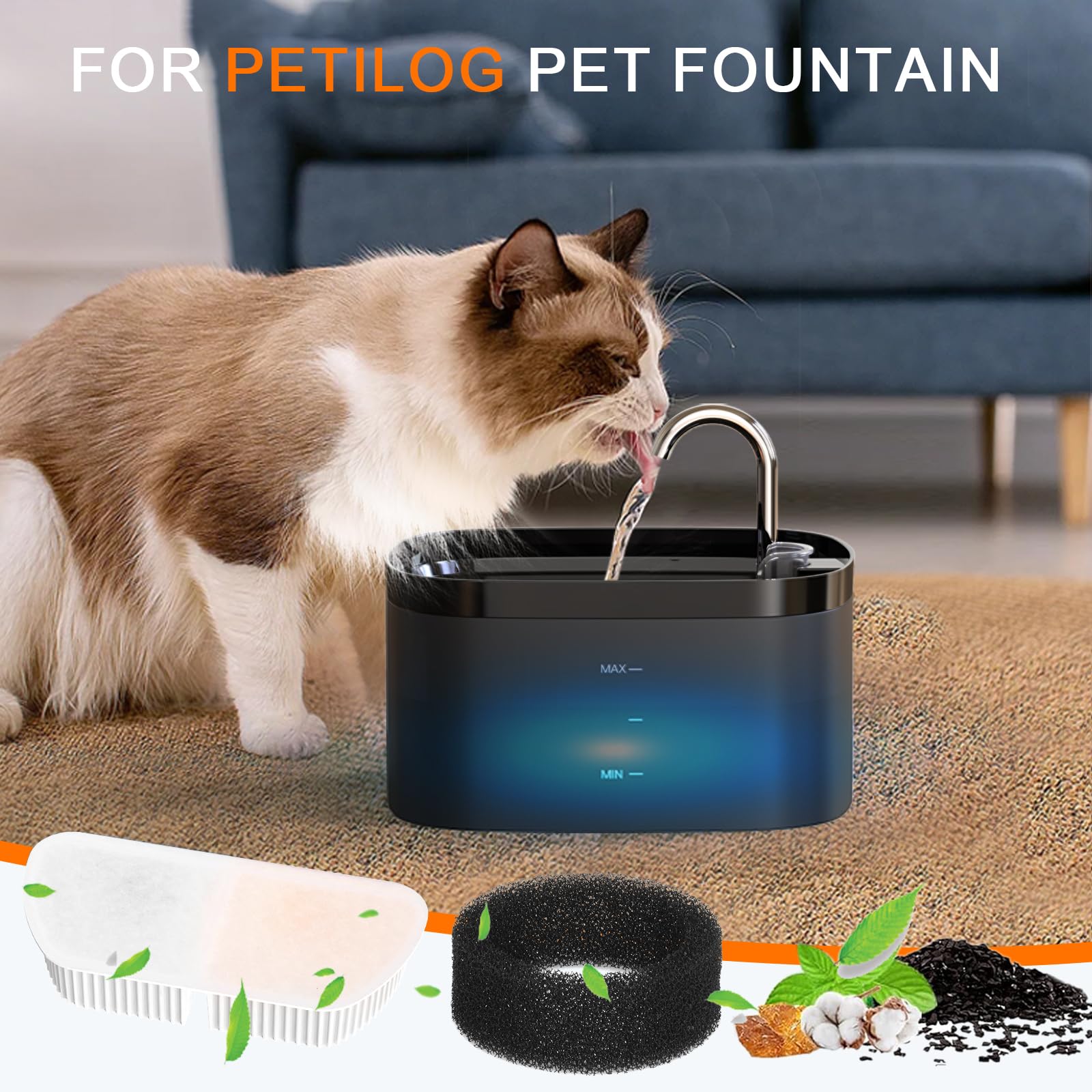 Cat Water Fountain Filters for 84oz/2.5L Petilog Pet Water Dispenser Fountain (4 Filters& 4Sponges)