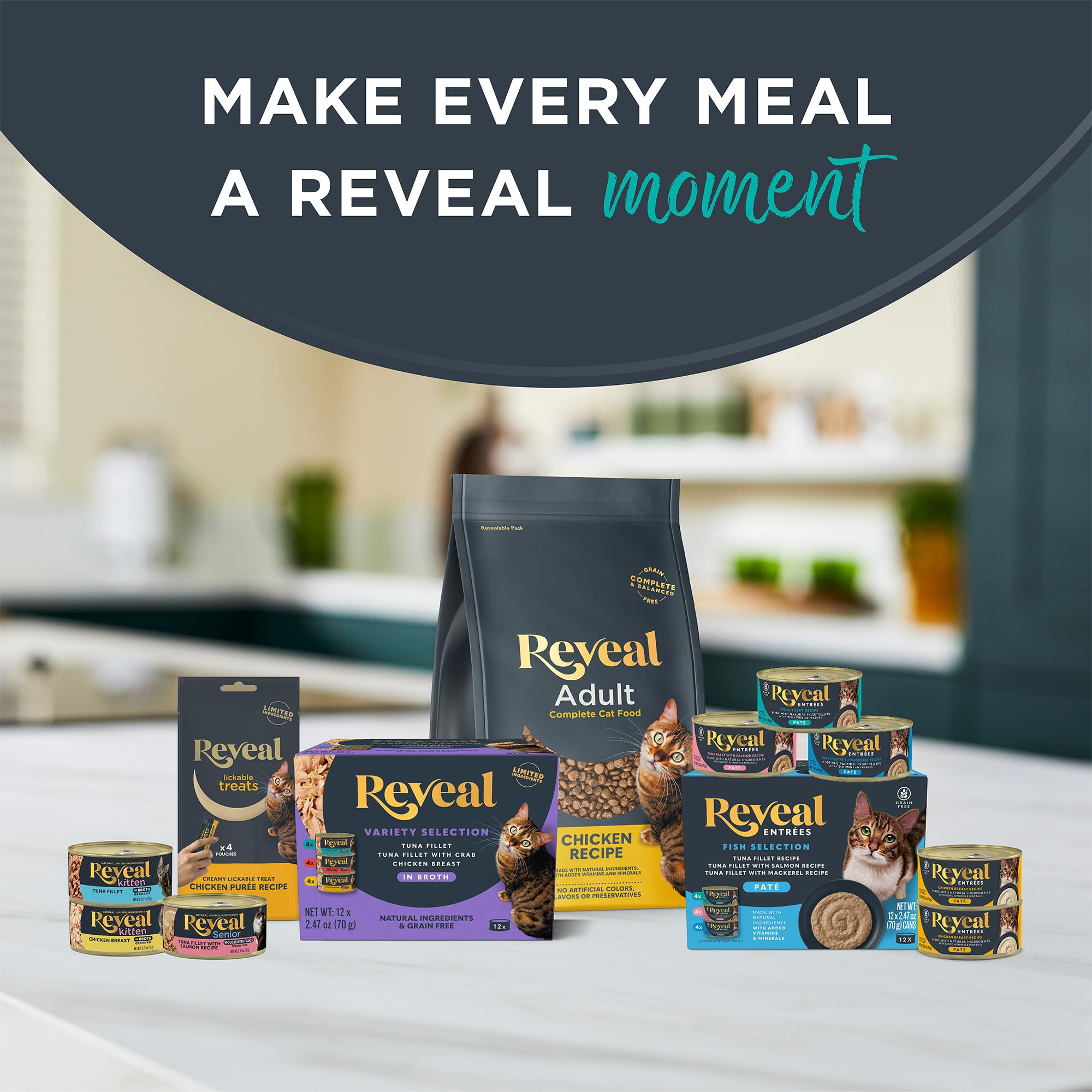 Reveal Natural Wet Cat Food, 12 Count, Grain Free, Limited Ingredient Cat Food Pouches, Fish and Chicken Variety in Broth, 2.47