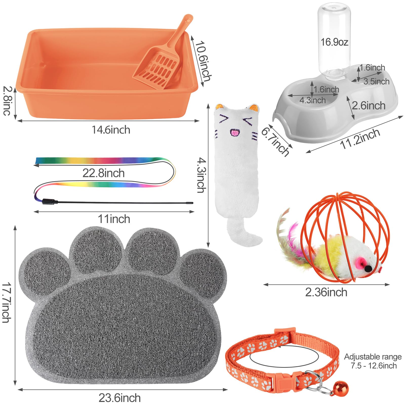 7 Pcs Small Cat Kitten Starter Kit Cat Litter Box with Shovel Paw Litter Mat Double Automatic Kitten Bowls Toy Teaser Stick Coll