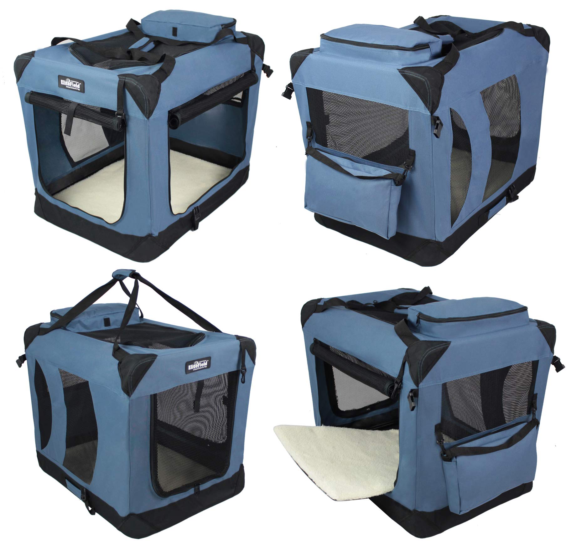 Elitefield 3-Door Folding Soft Dog Crate With Carrying Bag And Fleece Bed (2 Year Warranty), Indoor & Outdoor Pet Home (42'' L X