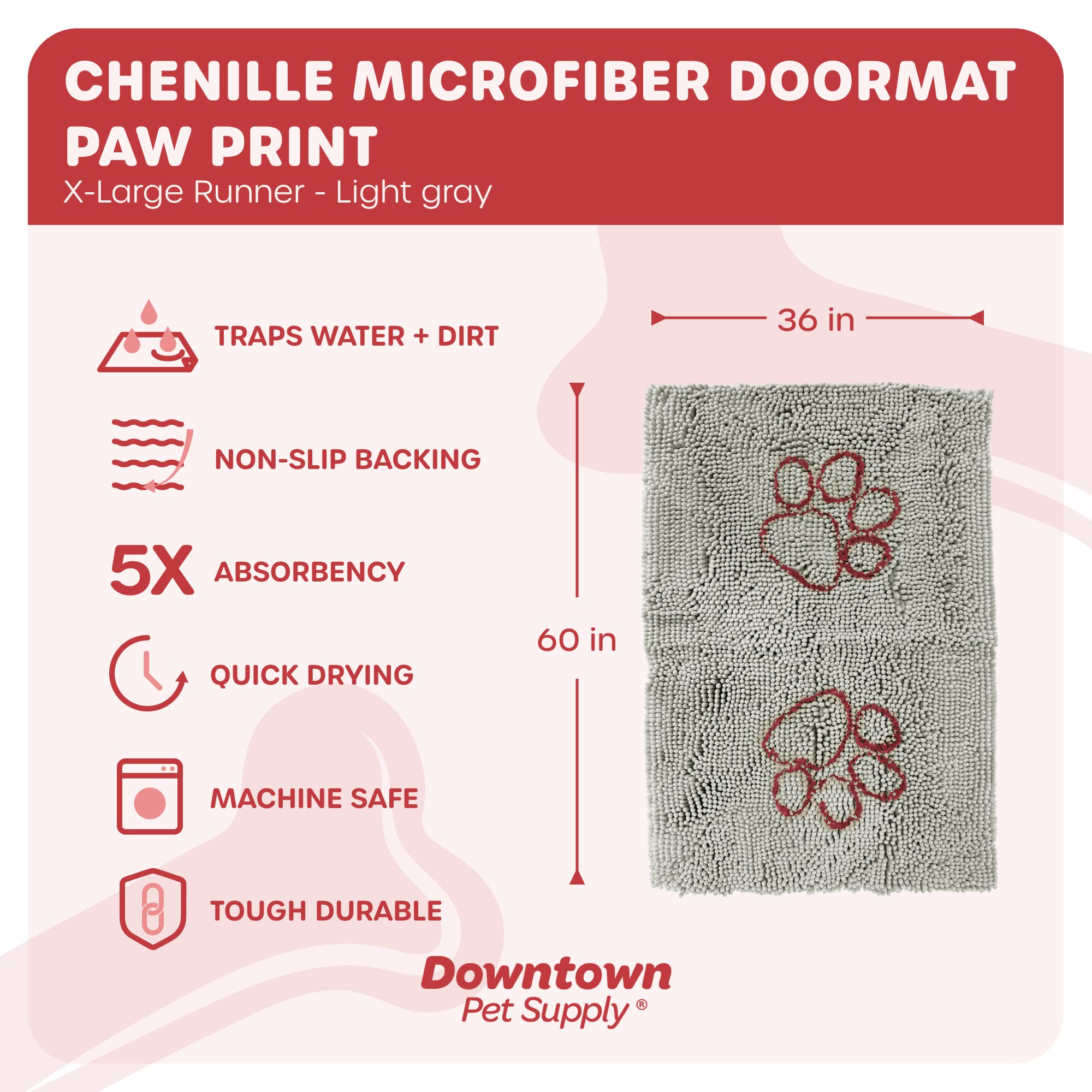 My Doggy Place Microfiber Dog Mat for Muddy Paws, 60 x 36 Light Gray with Paw Print - Non-Slip, Absorbent and Quick-Drying Dog P