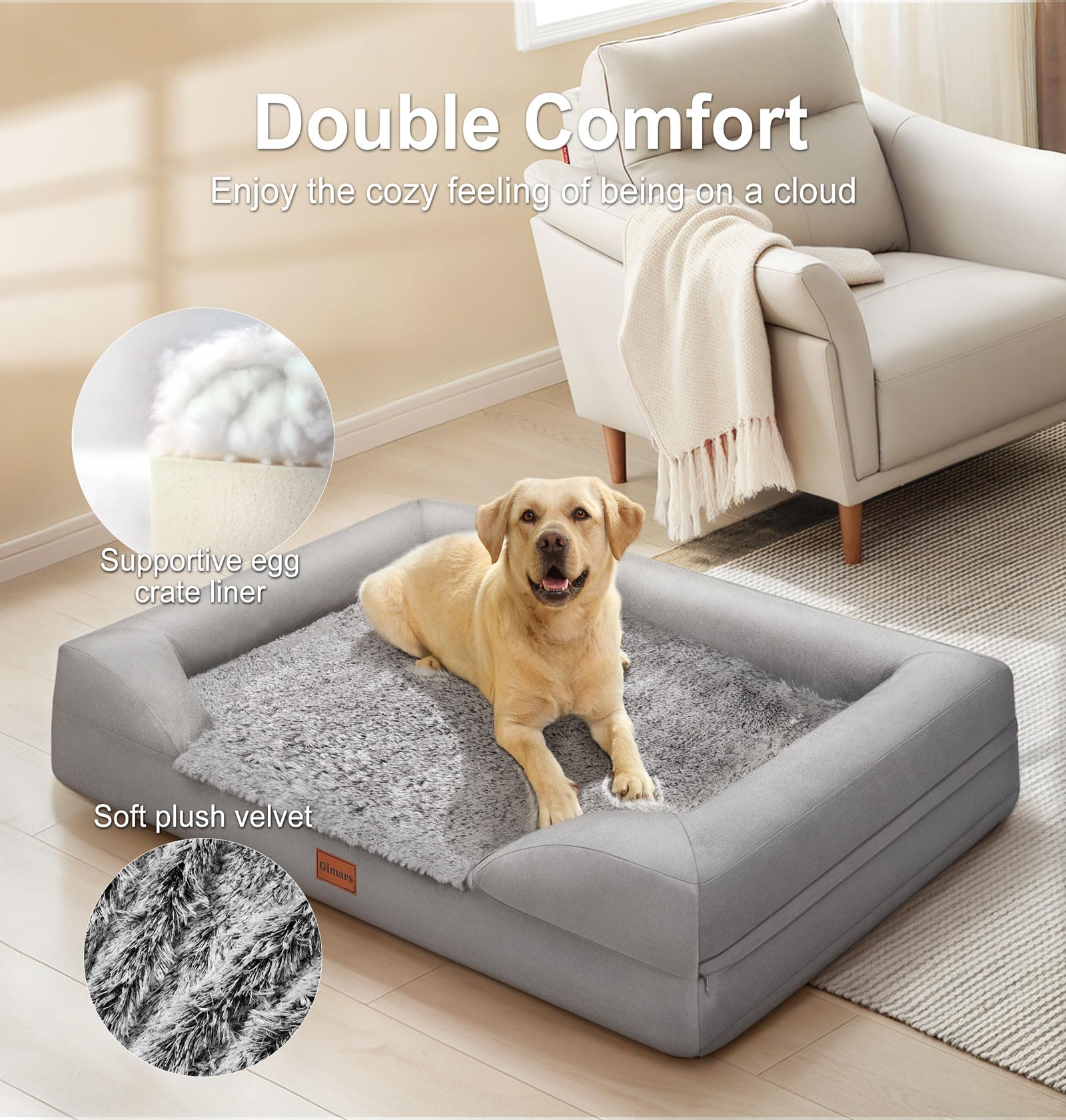 Gimars Orthopedic Dog Bed for Large Dogs, 3.7in Thick, Memory Foam, Grey, Model DBGW02-L, Washable Cover, Waterproof Lining