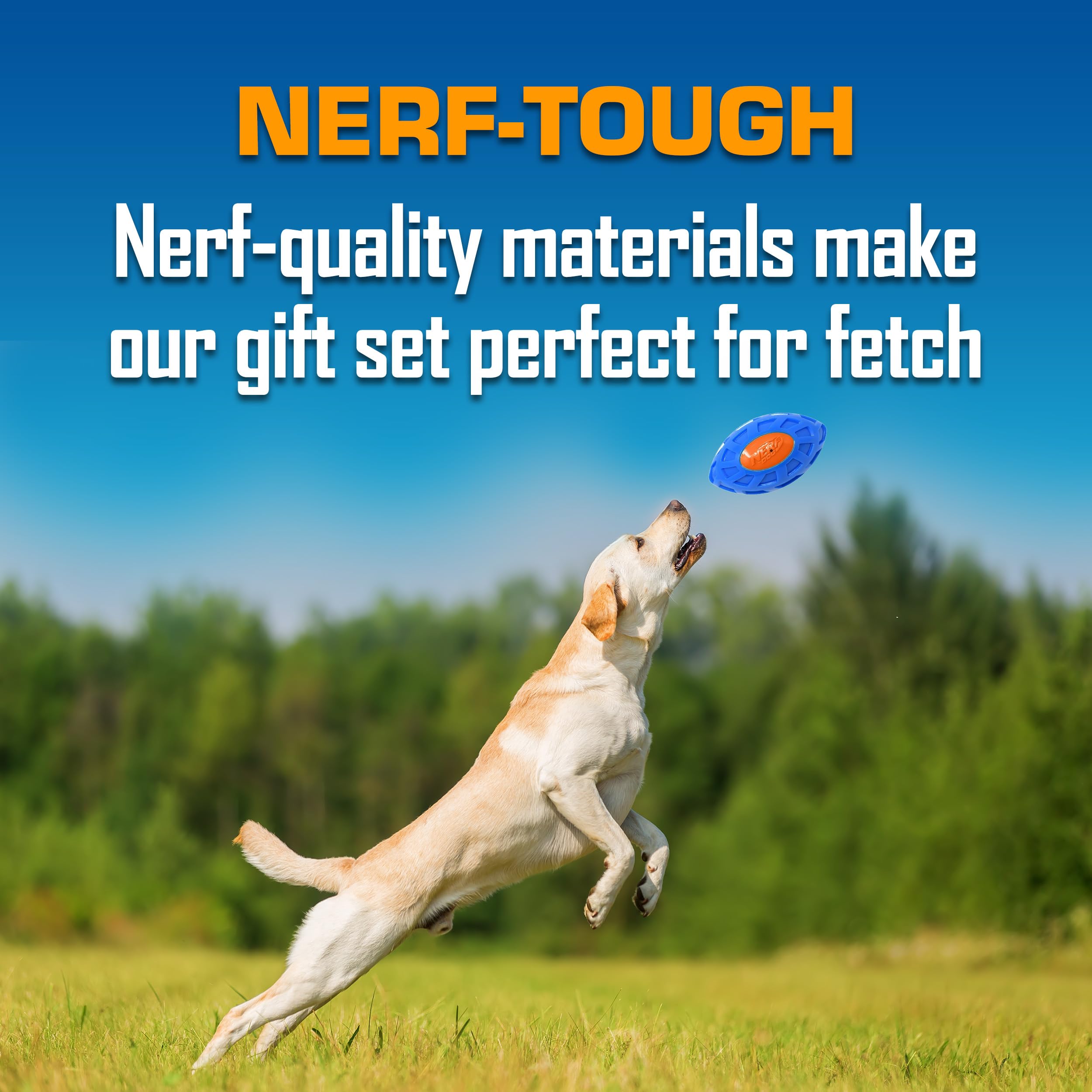 Nerf Dog Toy Gift Set, 3-Piece Set of Outdoor Dog Toys for Tug and Fetch, Includes Spike Squeak Ball, Treat Tug Bone and Exo Squ