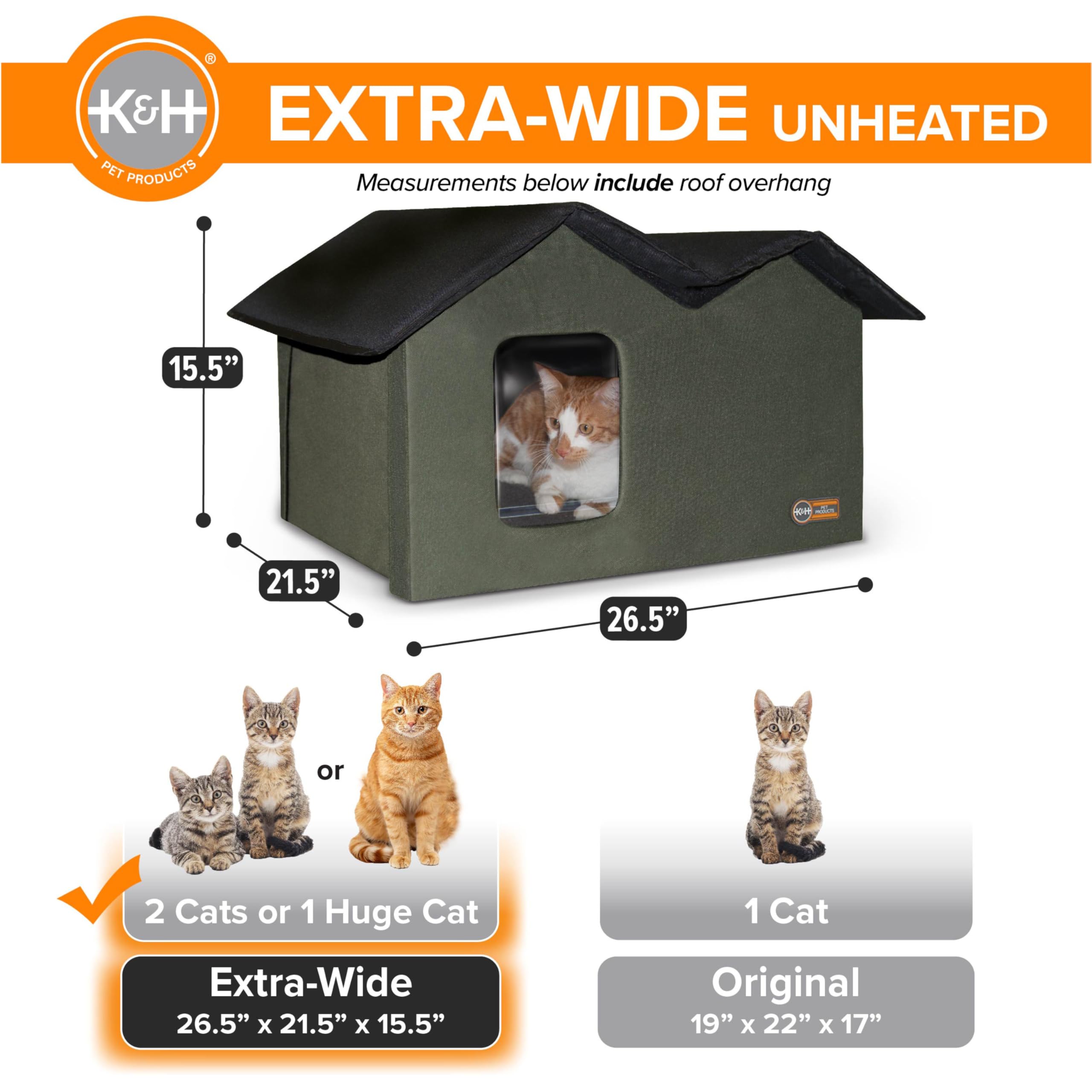 K&H Pet Products Outdoor Cat House Extra-Wide Unheated Cat Shelter For Two, Olive, 26.5 X 21.5 X 15.5 Inches