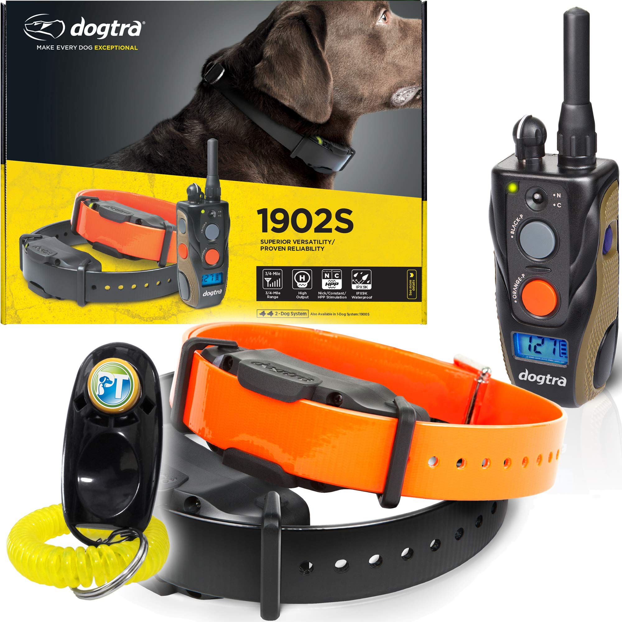 Dogtra 1902S 2-Dogs Remote Training Collar - 3/4 Mile Range, Ipx9K Waterproof, Rechargeable, 127 Training Levels, Vibration - In