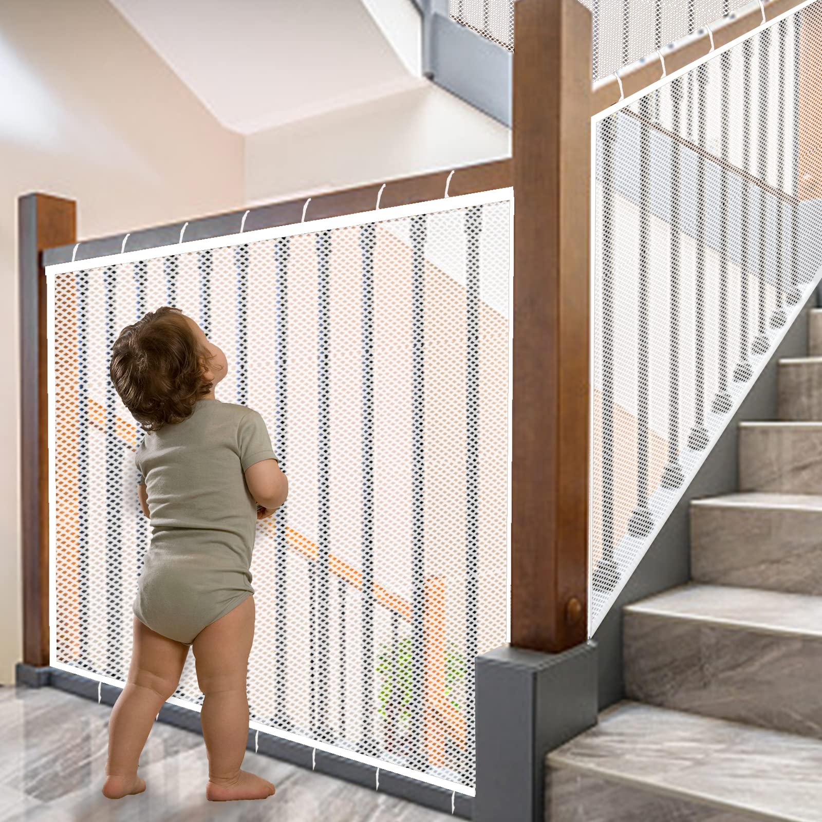 JIFTOK Baby Gate for Stairs, Banister Guard for Kids, Pets, Toys, 21.6 ft L x 2.66 ft H, Mesh Netting Safety Net for Balcony Rai