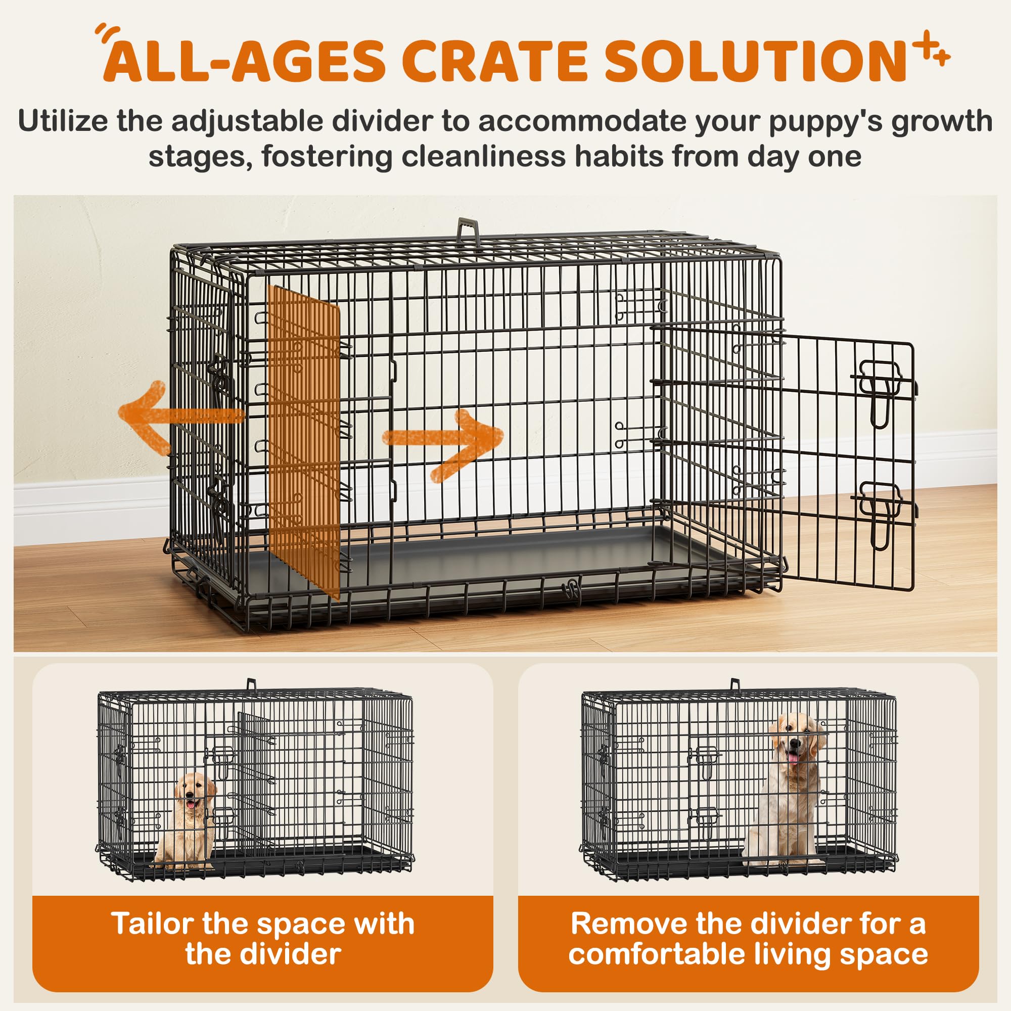 Yaheetech 42 inch Double Door Dog Crate w/Divider for Puppy to Adult XL Collapsible Metal Crate with Removable Tray Wire Dog Ken