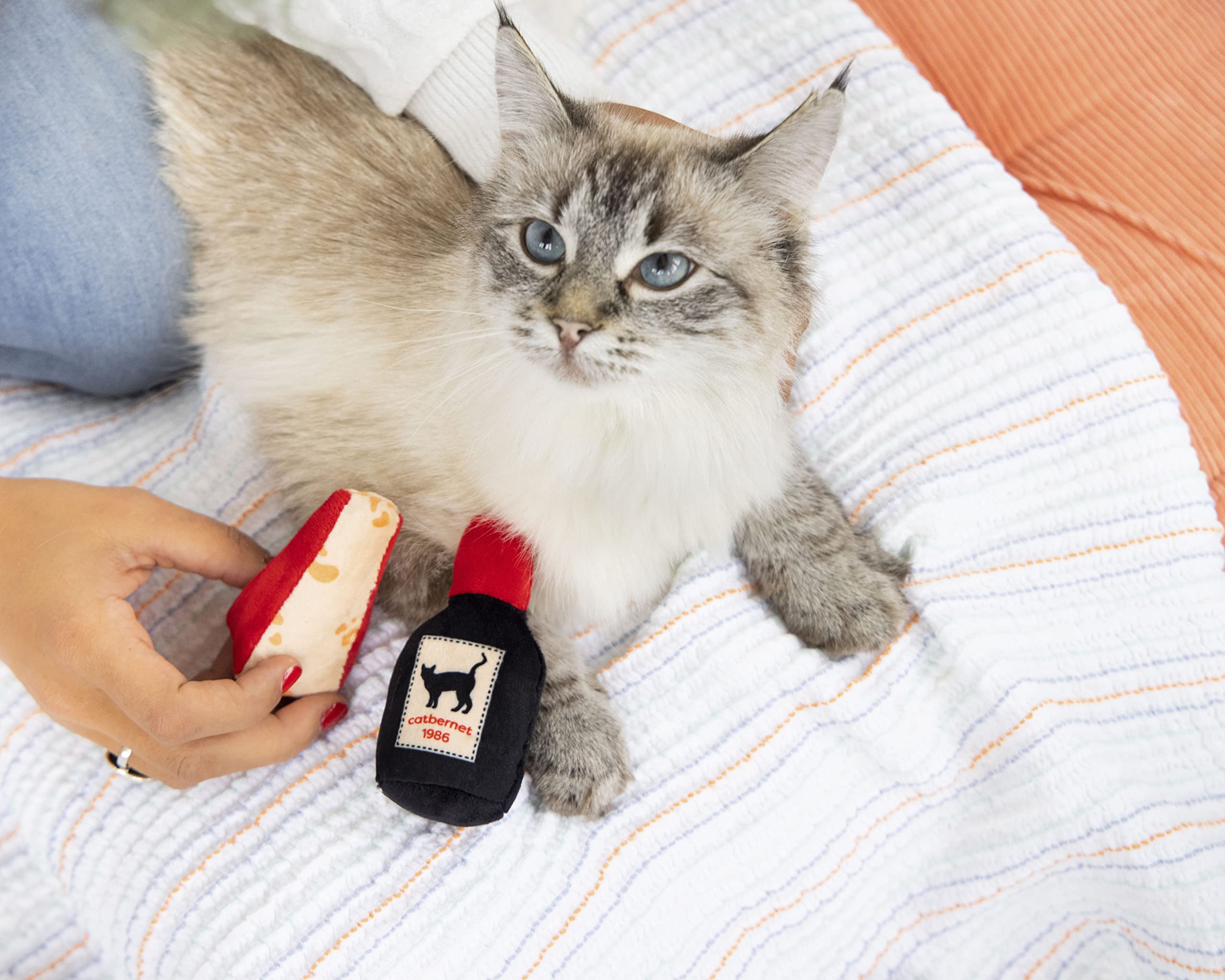 Pearhead Pet Cheese And Wine Plush Cat Toys, Set Of 2, Wine And Cheese Catnip Toys, Crinkle Cat Toys, Cat Owner Valentine'S Day Keepsake