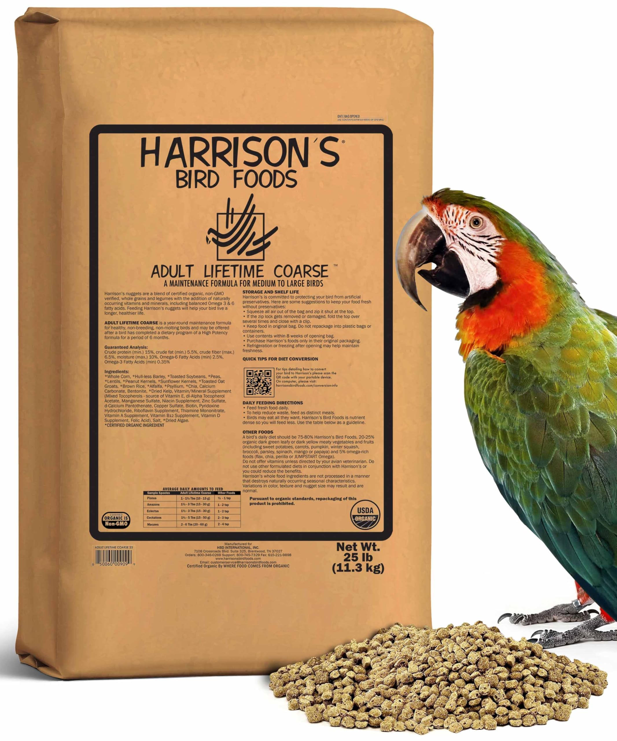 Harrisons Bird Foods Adult Lifetime Coarse Certified Organic Non-GMO Bird Food 25lb