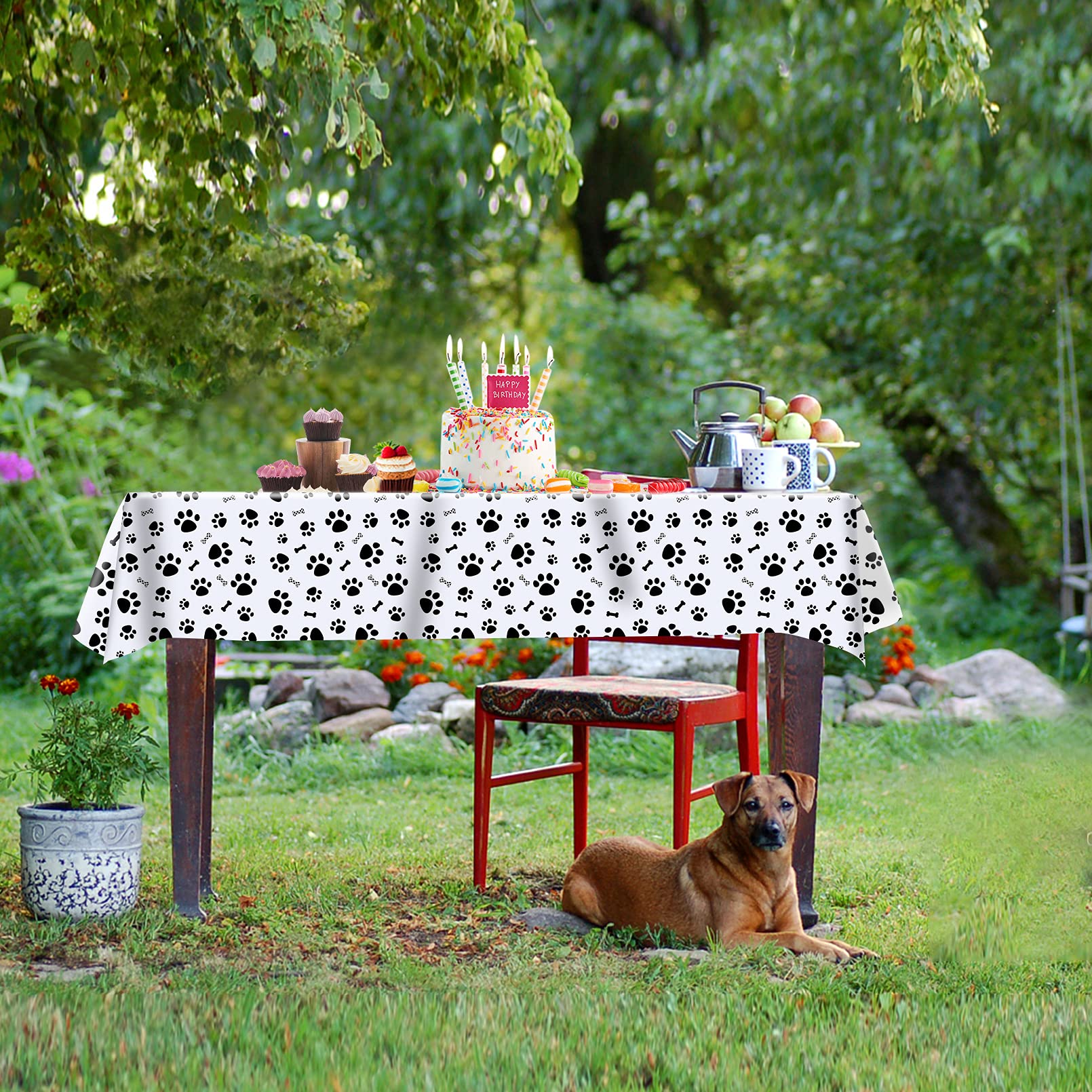 3 Pack Puppy Dog Pet Paw Print Plastic Tablecloth Table Cover,Large Paw Print And Bone Sign Plastic Disposable Rectangle Table C