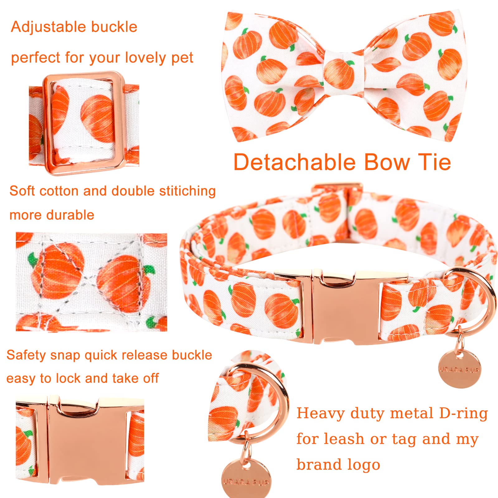 Up Urara Pup Halloween Dog Collar With Bow Tie, Pumpkin Cotton Bowtie Collar For Puppy Girl Boy Dog Or Cat, Fall Dog Collar Bowtie With Metal Buckle, Adorable Pumpkin Pet Collar, Xs, Neck 8-12In