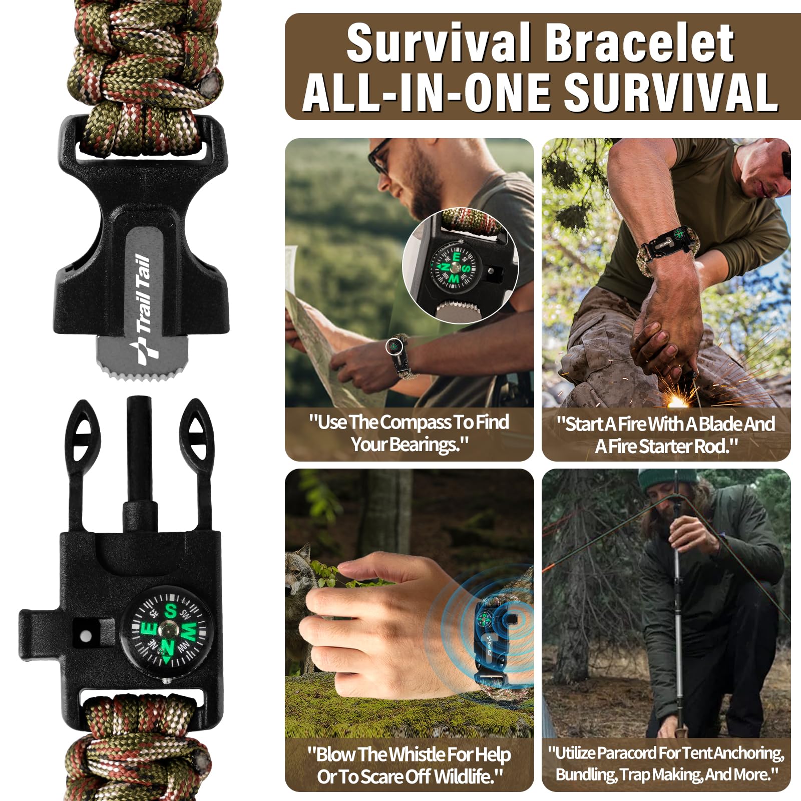 Heavy Duty Tactical Dog Collar With Paracord Survival Bracelet, Thick Metal Buckle And Patches - Suitable For German Shepherd, P